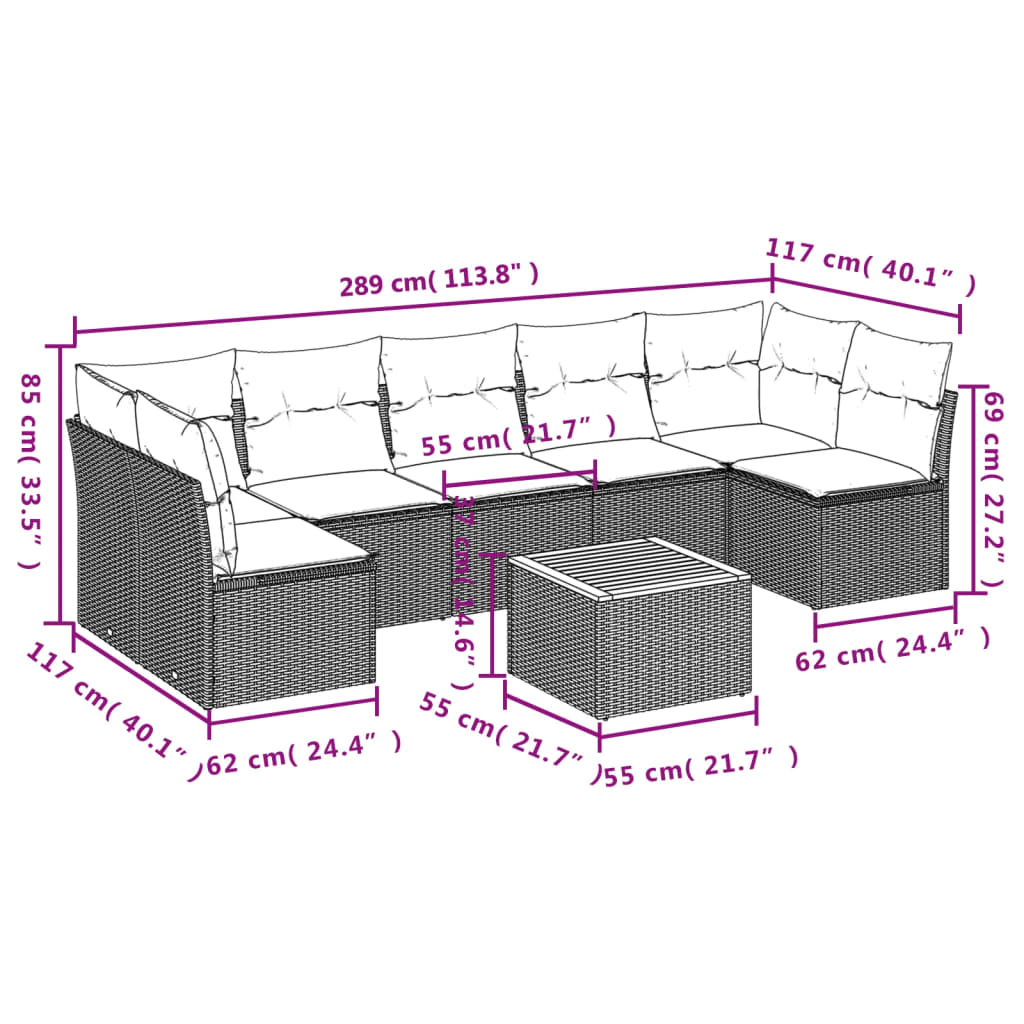 8 Pcs conjunto de sofás p/ jardim com almofadões vime PE bege