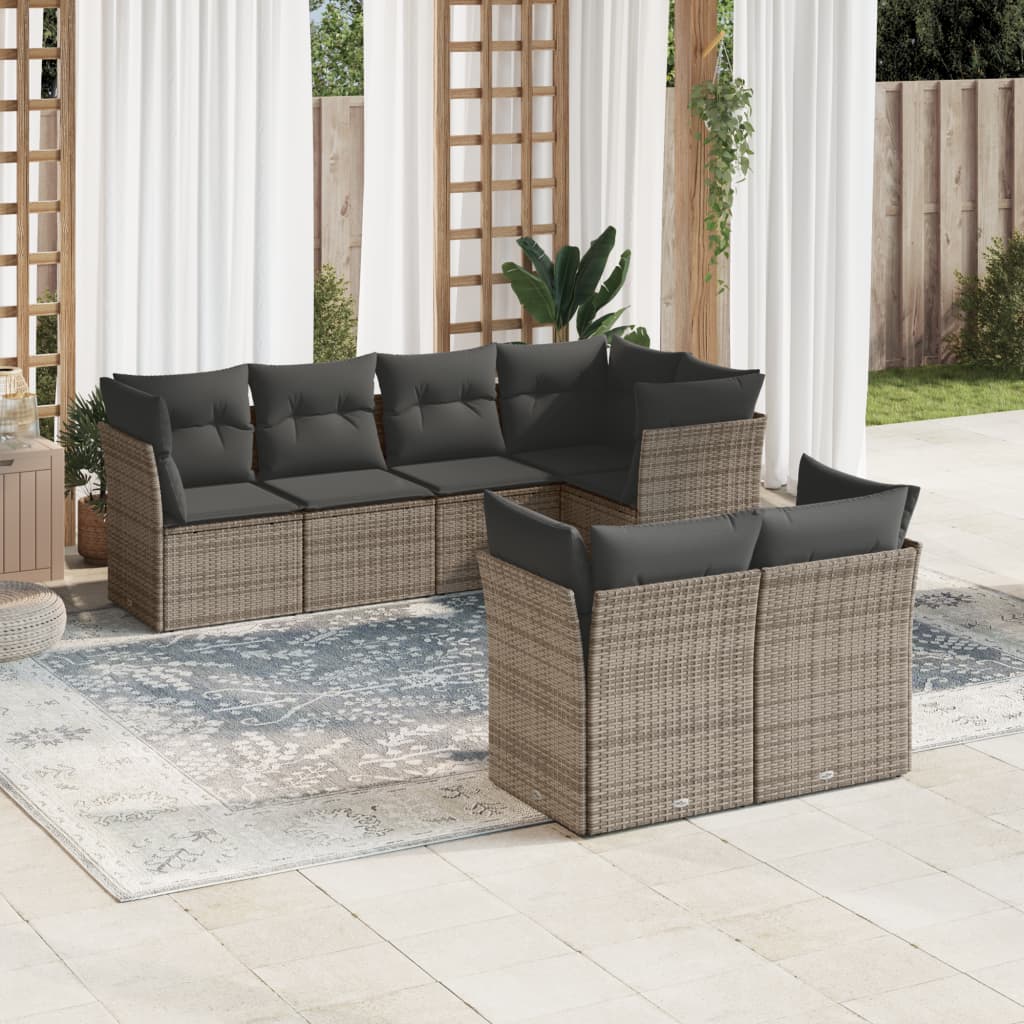 7 Pcs conjunto sofás p/ jardim c/ almofadões vime PE cinzento