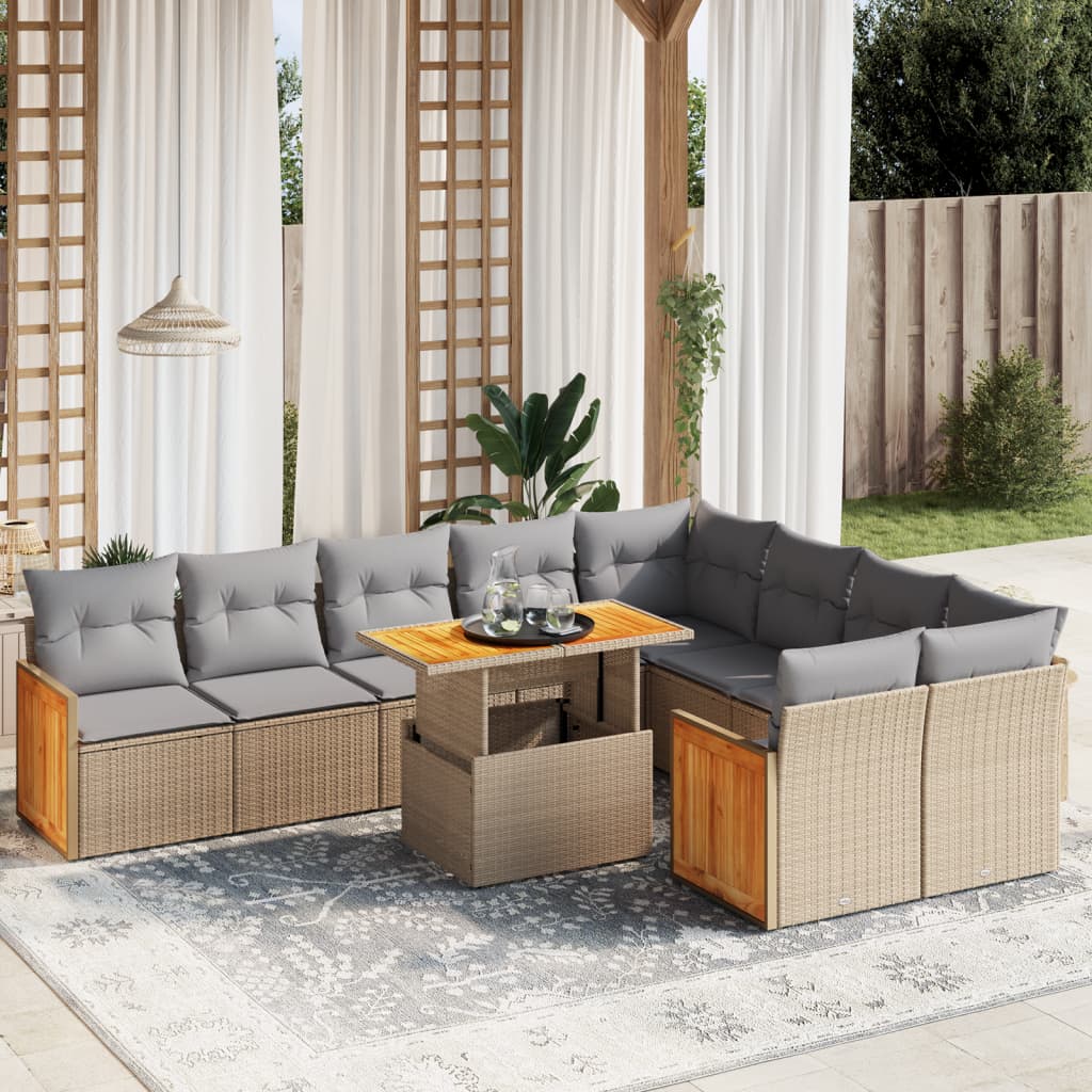 10 Pcs conjunto de sofás p/ jardim com almofadões vime PE bege