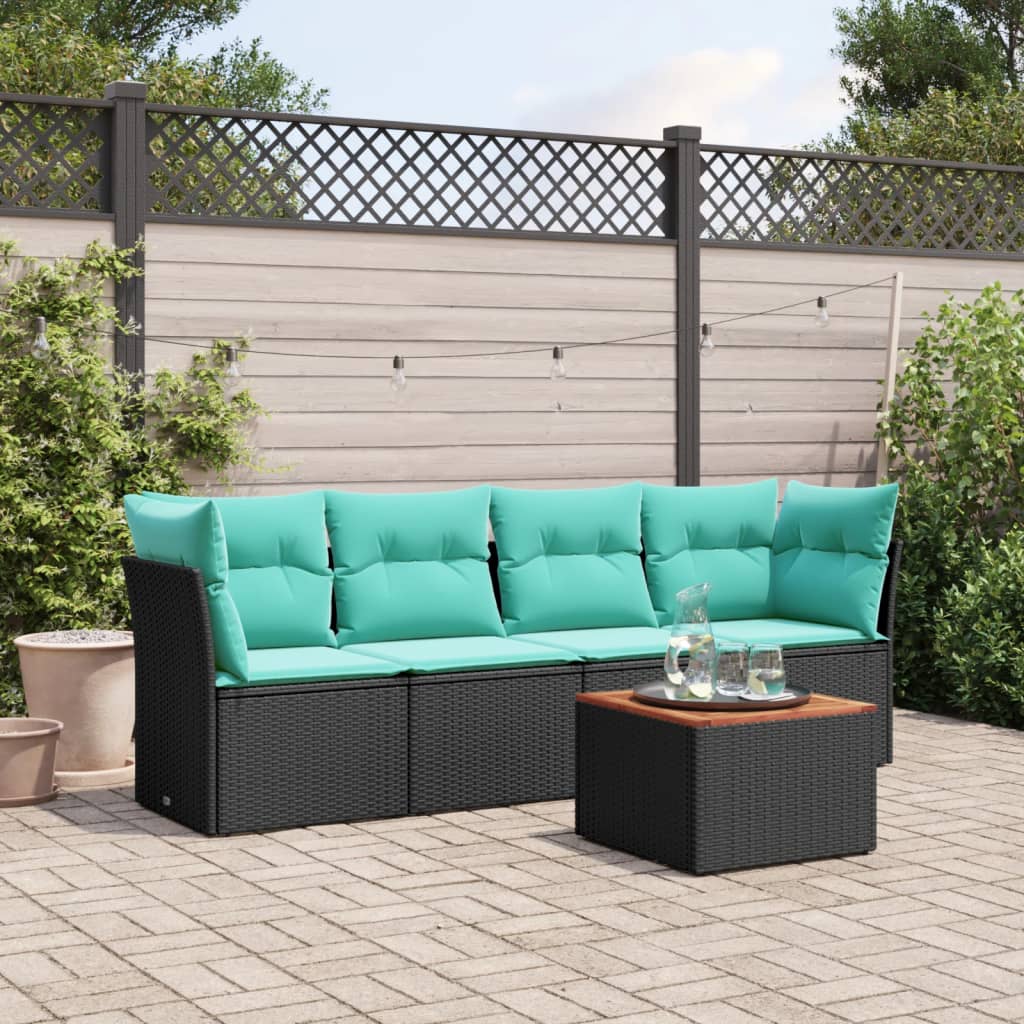 5 Pcs conjunto de sofás p/ jardim c/ almofadões vime PE preto