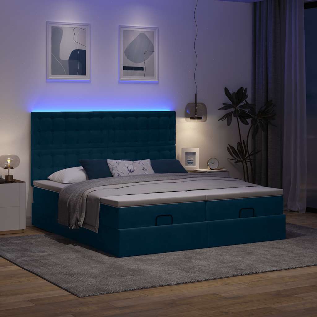Estrutura de cama otomana com colchão azul escuro veludo