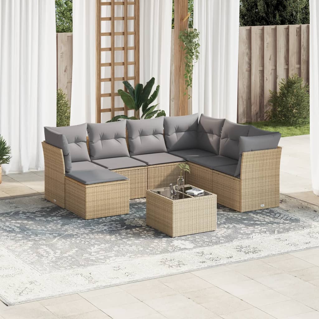 8 Pcs conjunto de sofás p/ jardim com almofadões vime PE bege