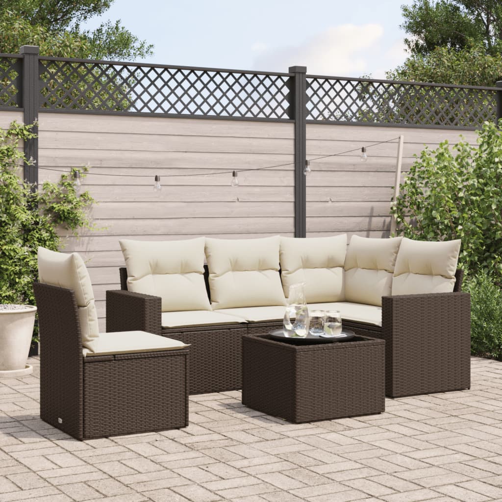 6 Pcs conjunto de sofás jardim c/ almofadões vime PE castanho
