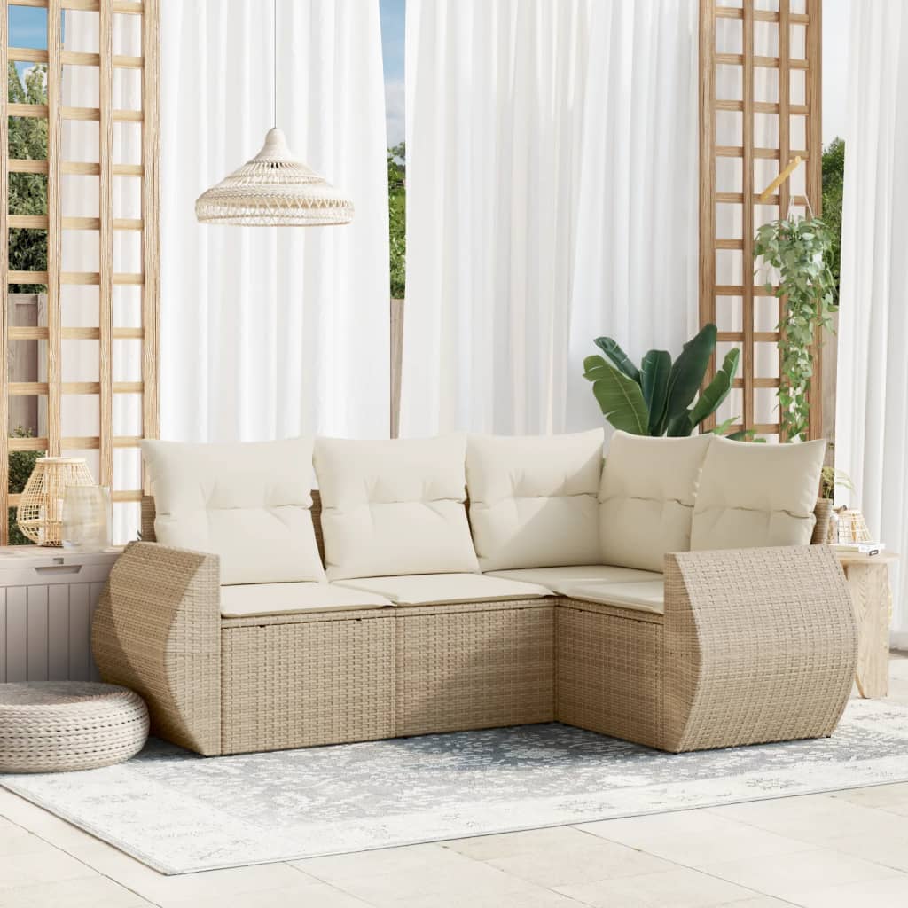 4 Pcs conjunto de sofás para jardim c/ almofadões vime PE bege