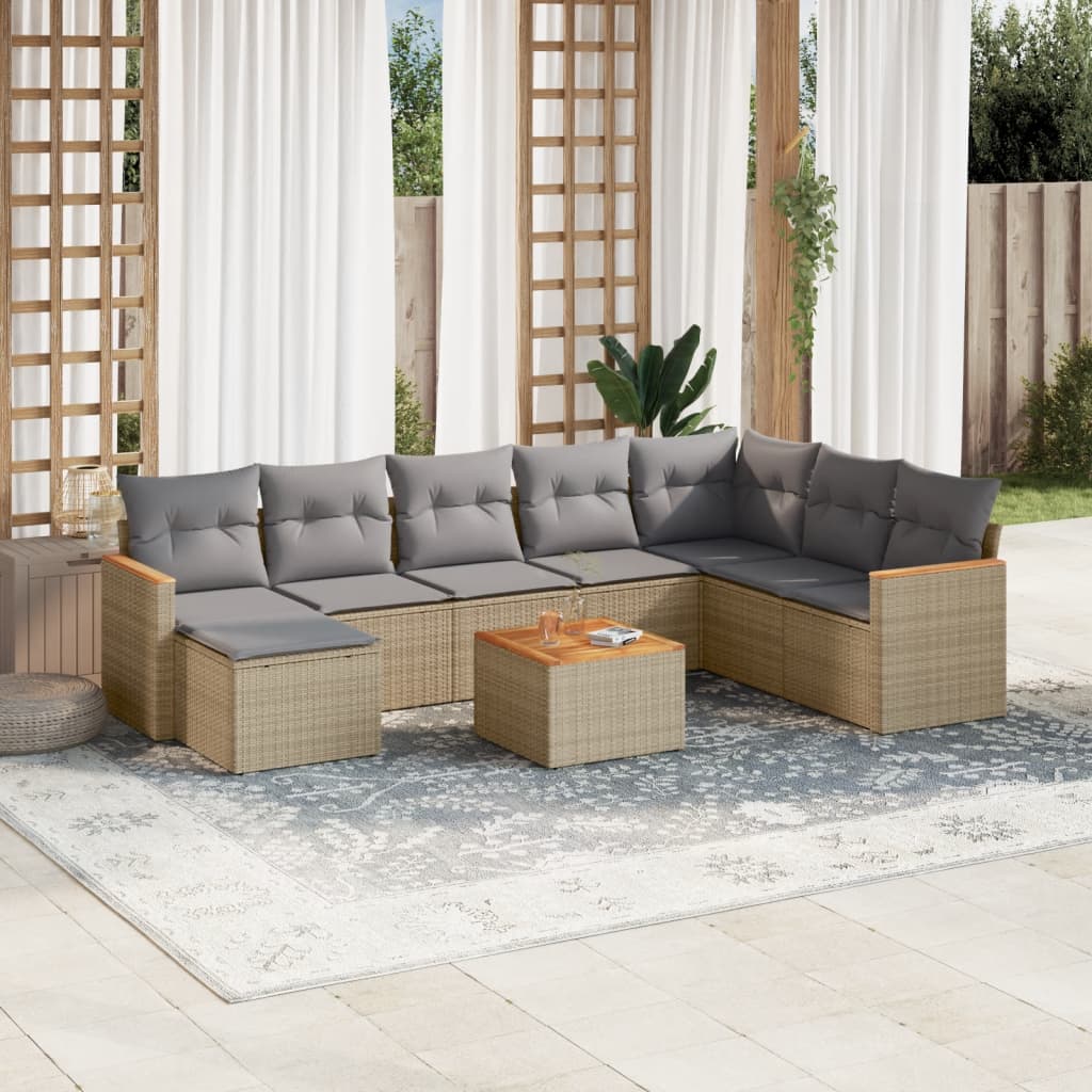 9 Pcs conjunto de sofás p/ jardim com almofadões vime PE bege