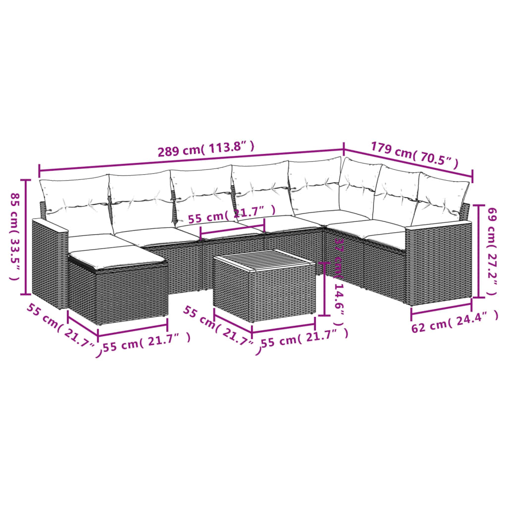 9 Pcs conjunto de sofás p/ jardim com almofadões vime PE bege