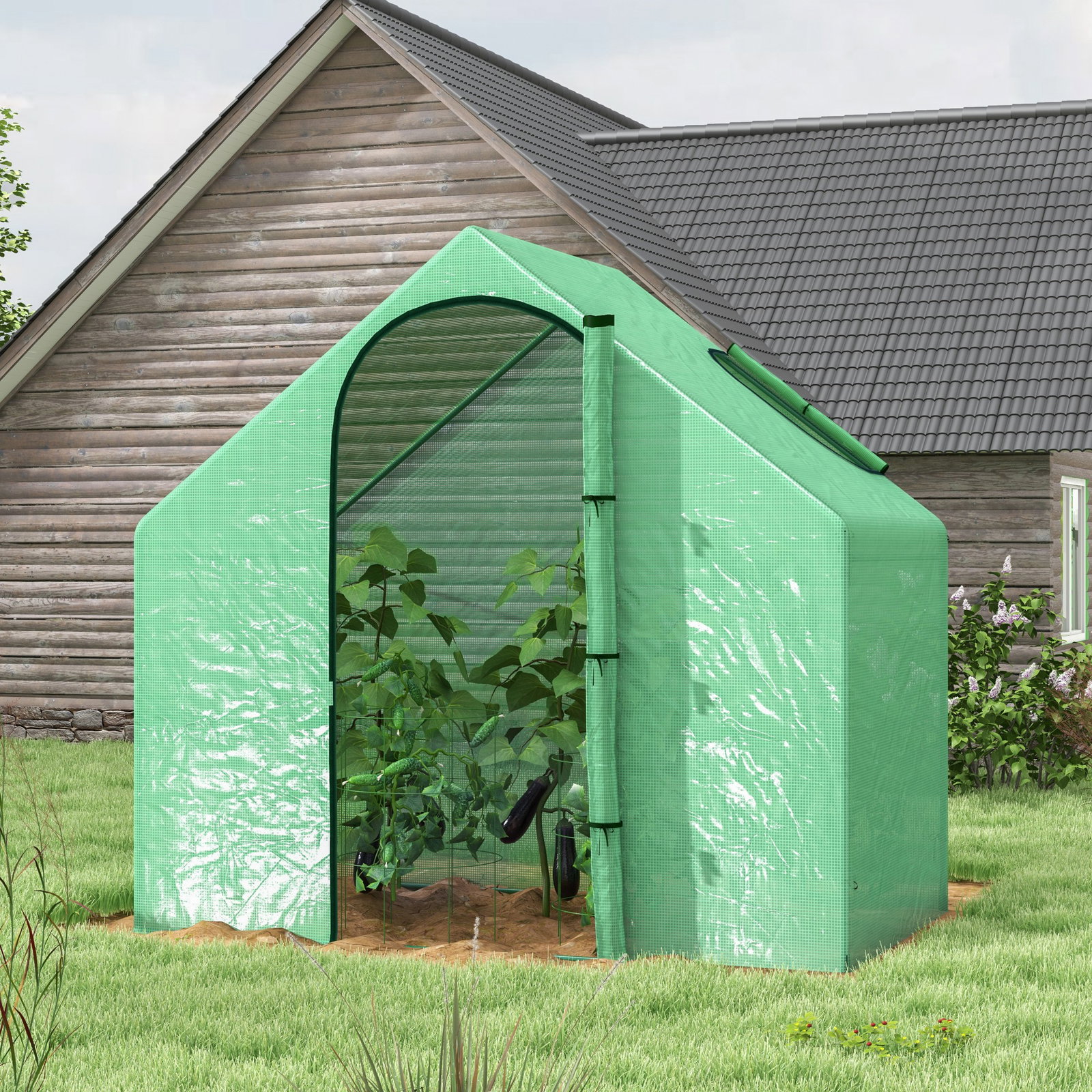 Estufa transparente de jardim 180x100x168 cm estufa de jardim com porta enrolável e estrutura de aço verde