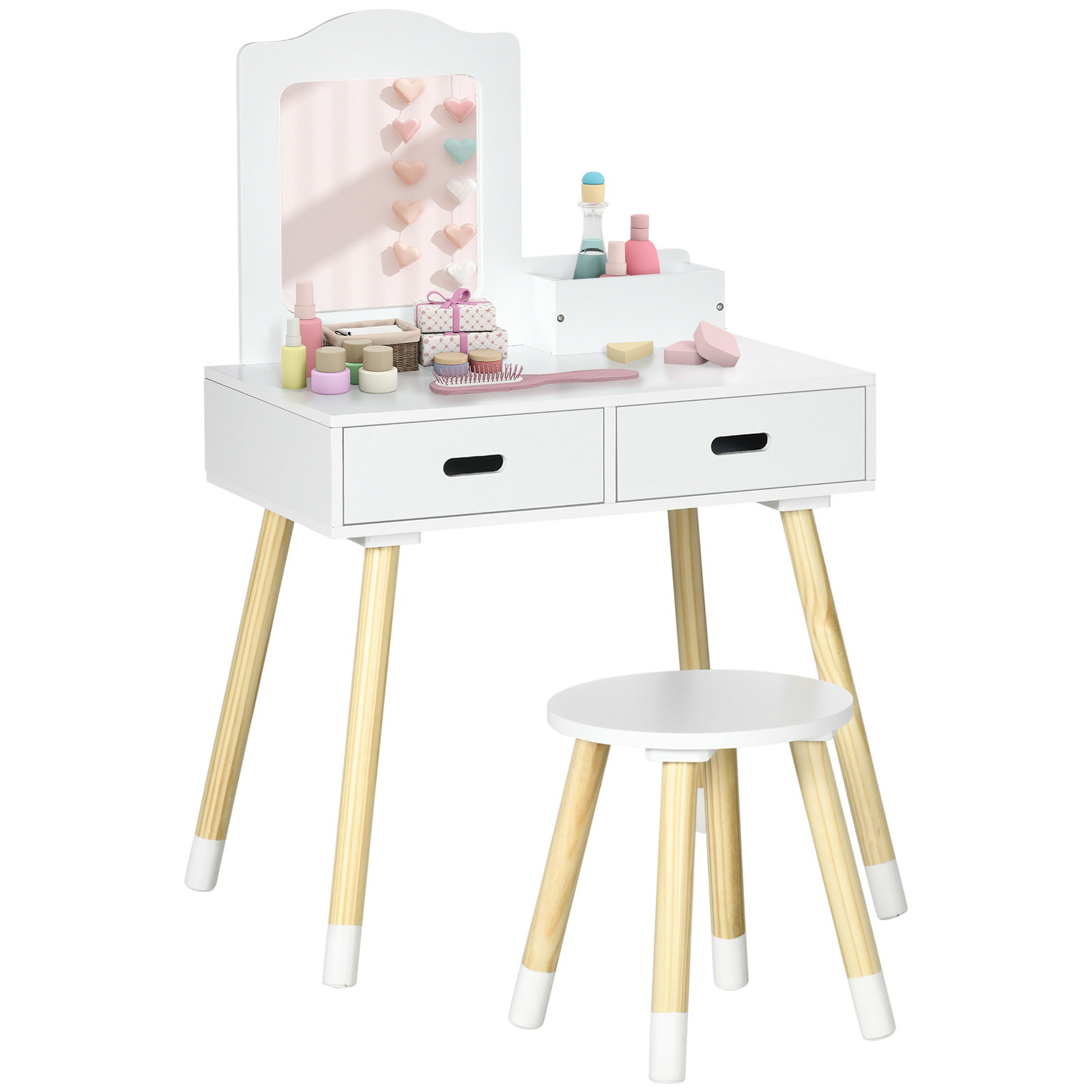 Toucador infantil de madeira com banco espelho e 2 gavetas brinquedo educativo para crianças de 3-6 anos 60x40x95cm branco
