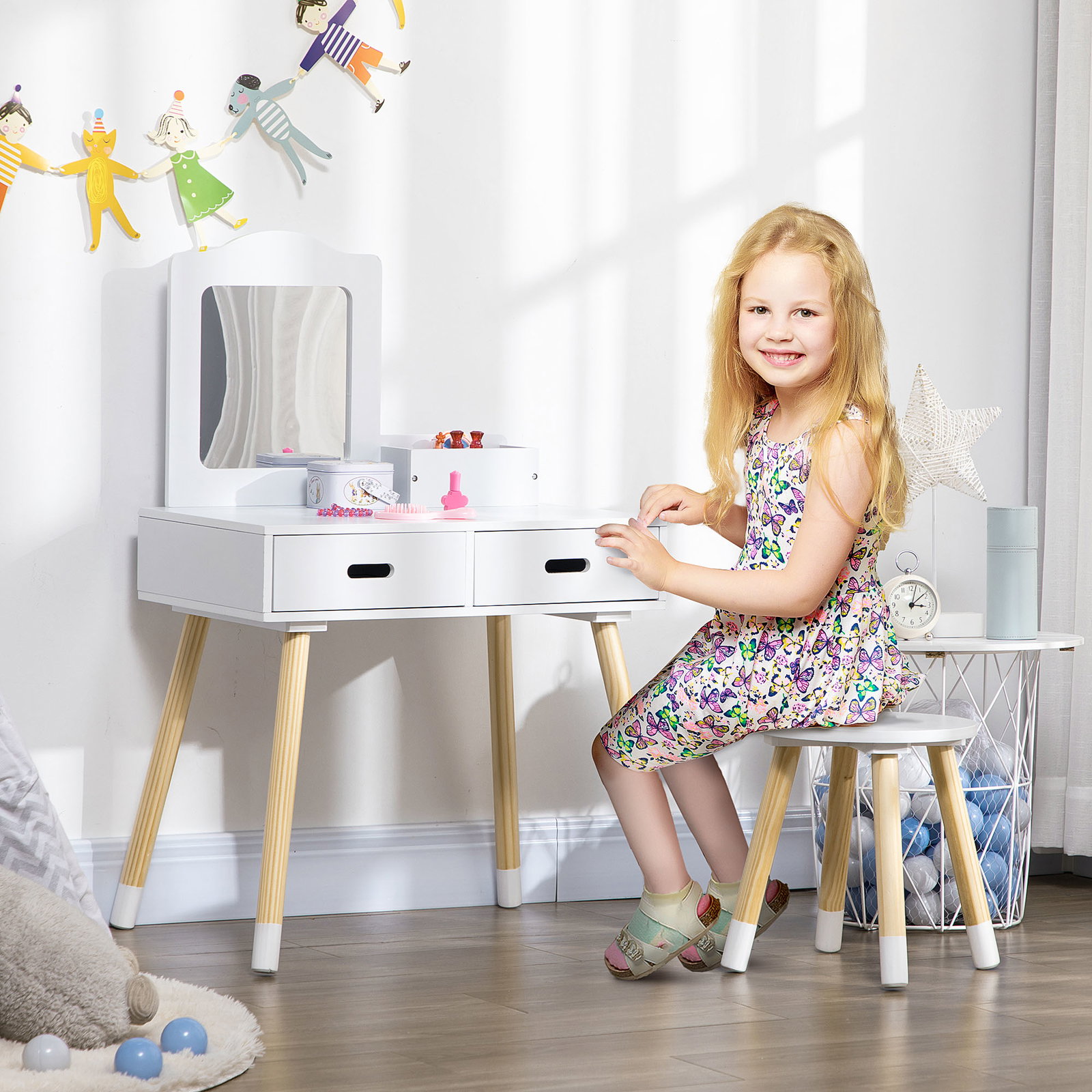 Toucador infantil de madeira com banco espelho e 2 gavetas brinquedo educativo para crianças de 3-6 anos 60x40x95cm branco