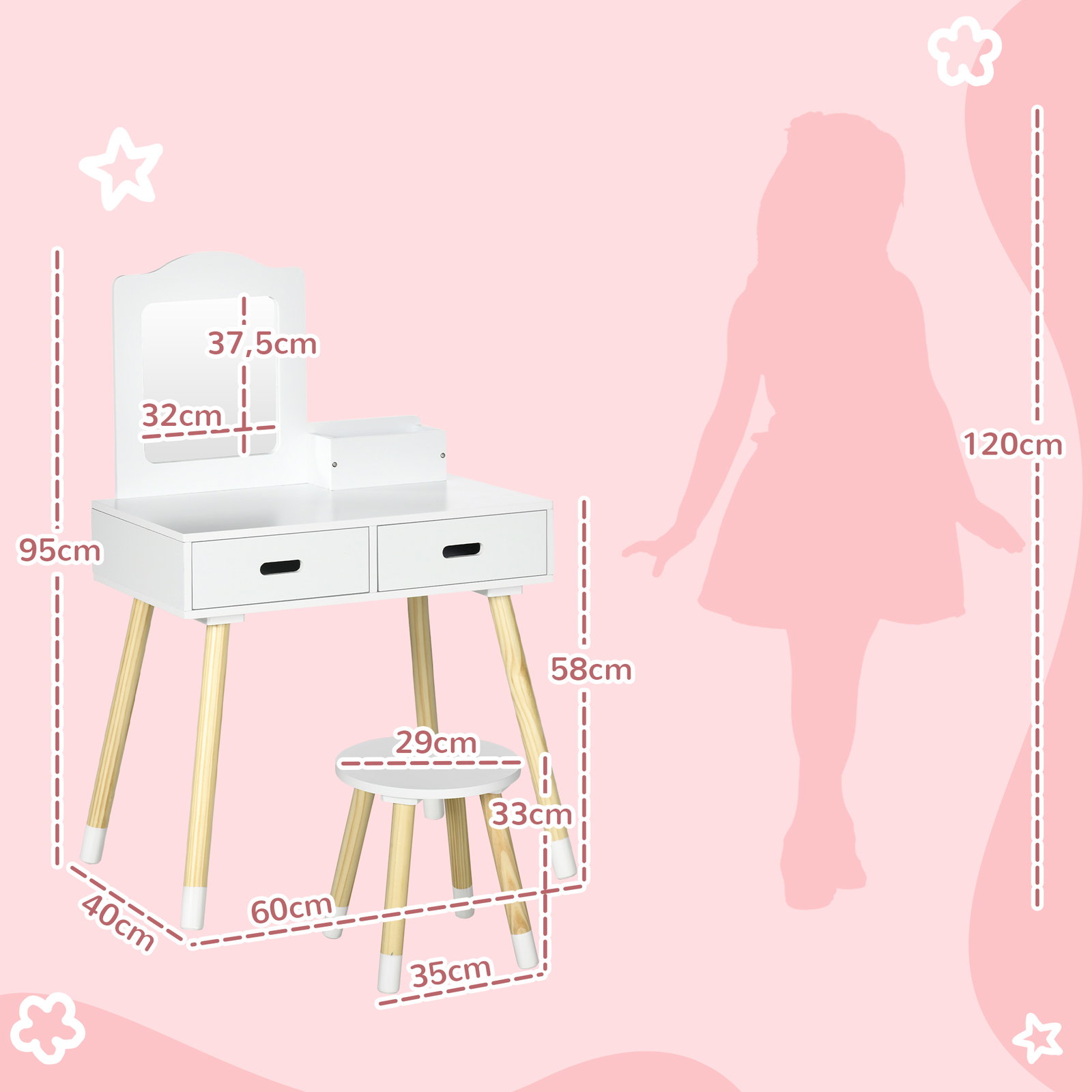 Toucador infantil de madeira com banco espelho e 2 gavetas brinquedo educativo para crianças de 3-6 anos 60x40x95cm branco