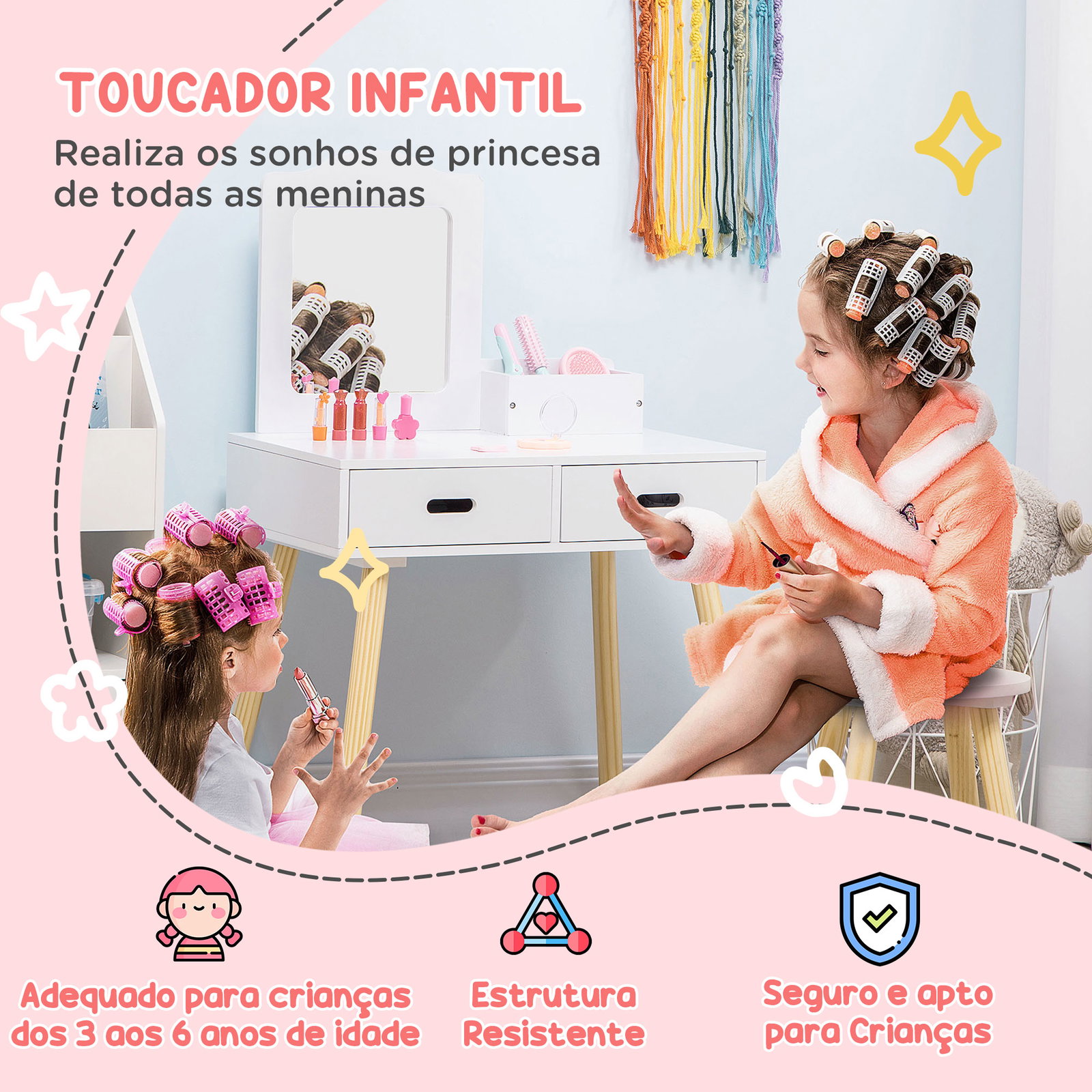Toucador infantil de madeira com banco espelho e 2 gavetas brinquedo educativo para crianças de 3-6 anos 60x40x95cm branco