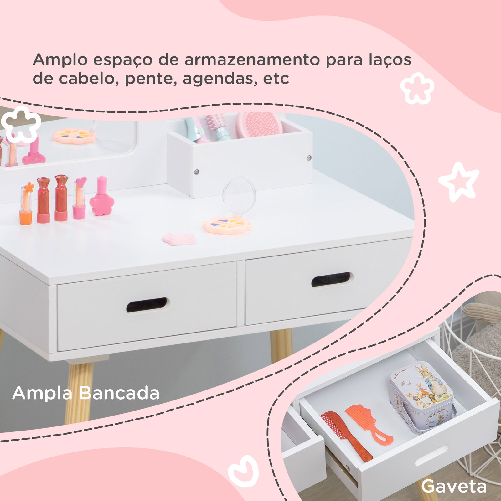 Toucador infantil de madeira com banco espelho e 2 gavetas brinquedo educativo para crianças de 3-6 anos 60x40x95cm branco