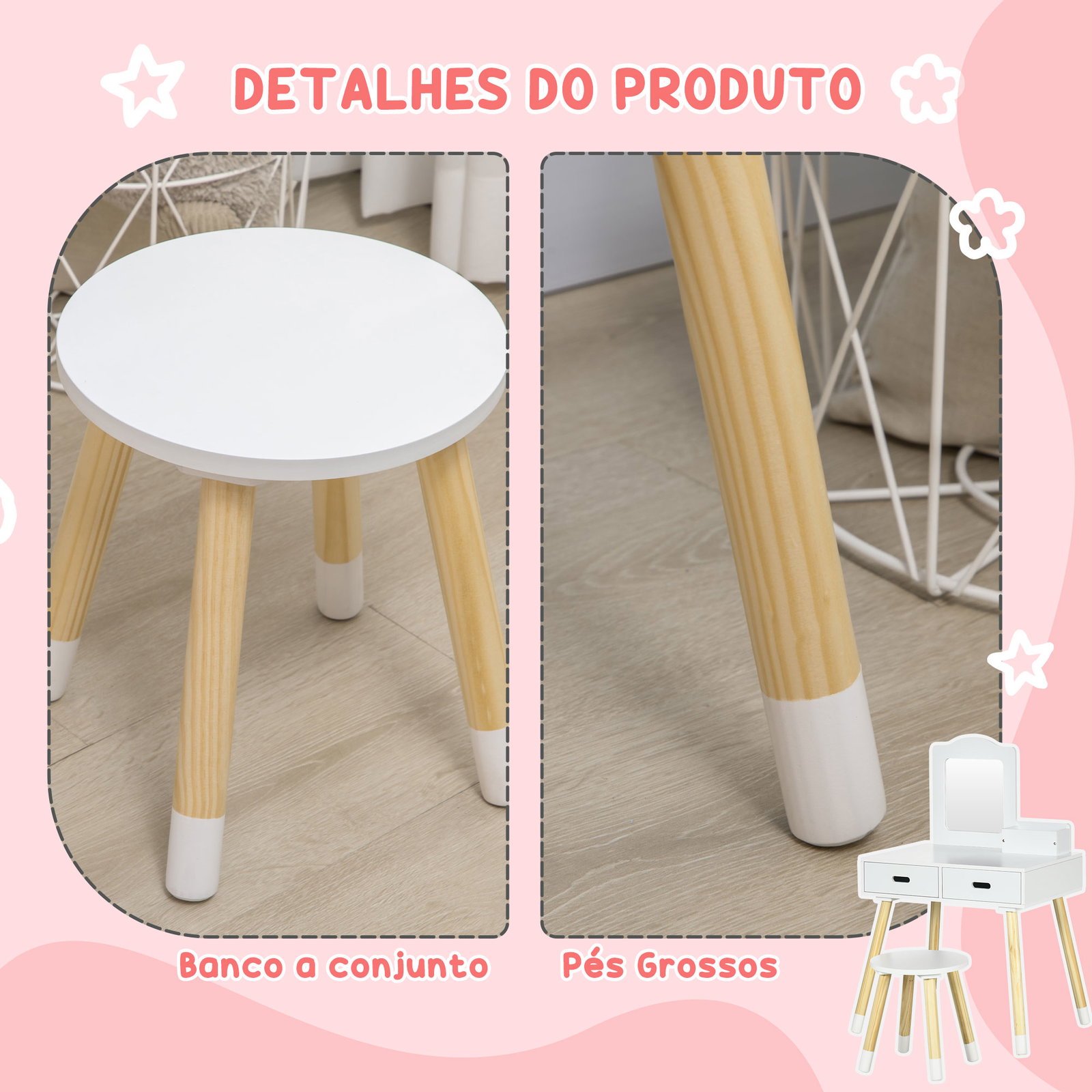 Toucador infantil de madeira com banco espelho e 2 gavetas brinquedo educativo para crianças de 3-6 anos 60x40x95cm branco