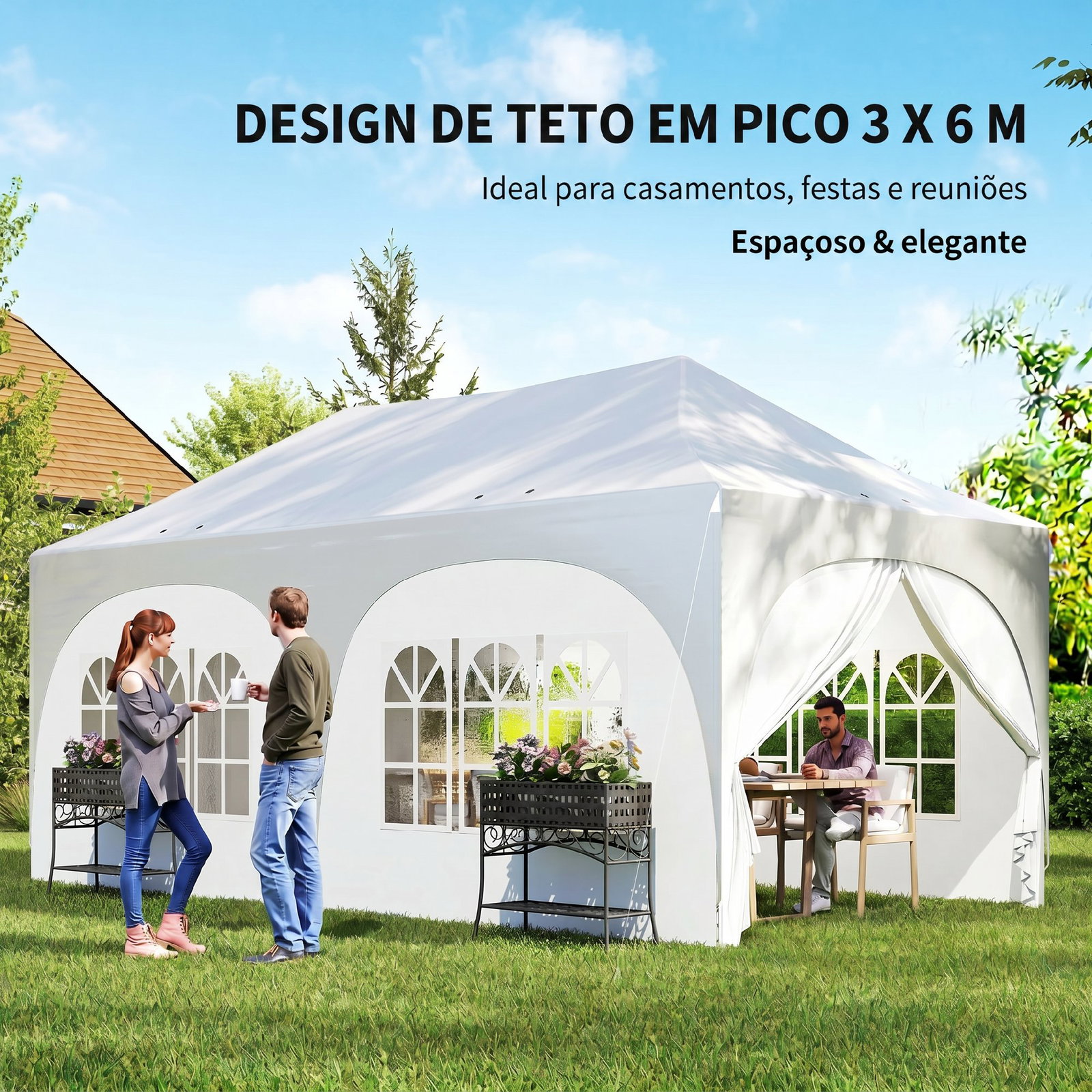 Tenda dobrável 6x3 m pop-up com 4 painéis removíveis altura ajustável e bolsa de transporte branco