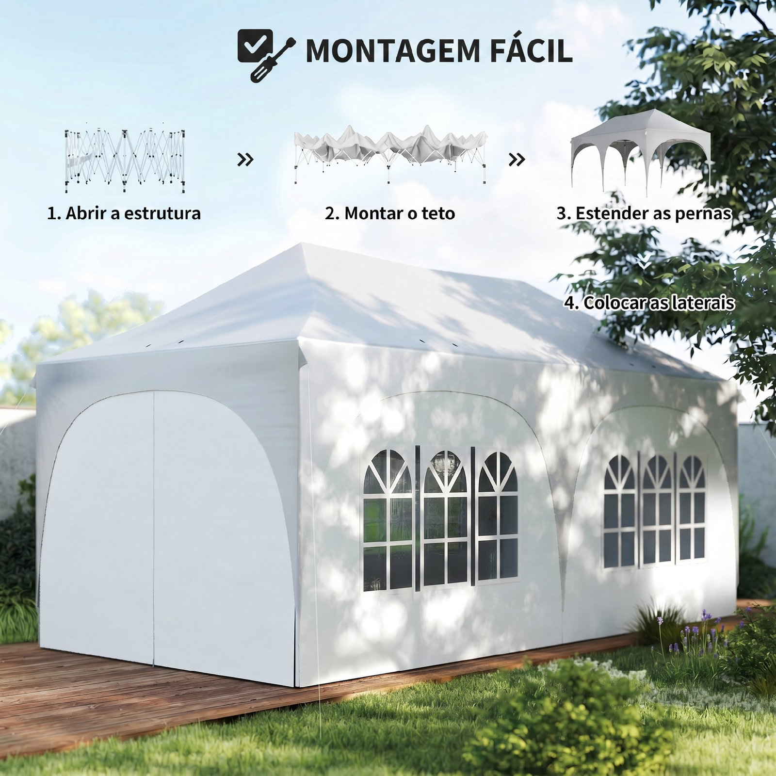 Tenda dobrável 6x3 m pop-up com 4 painéis removíveis altura ajustável e bolsa de transporte branco