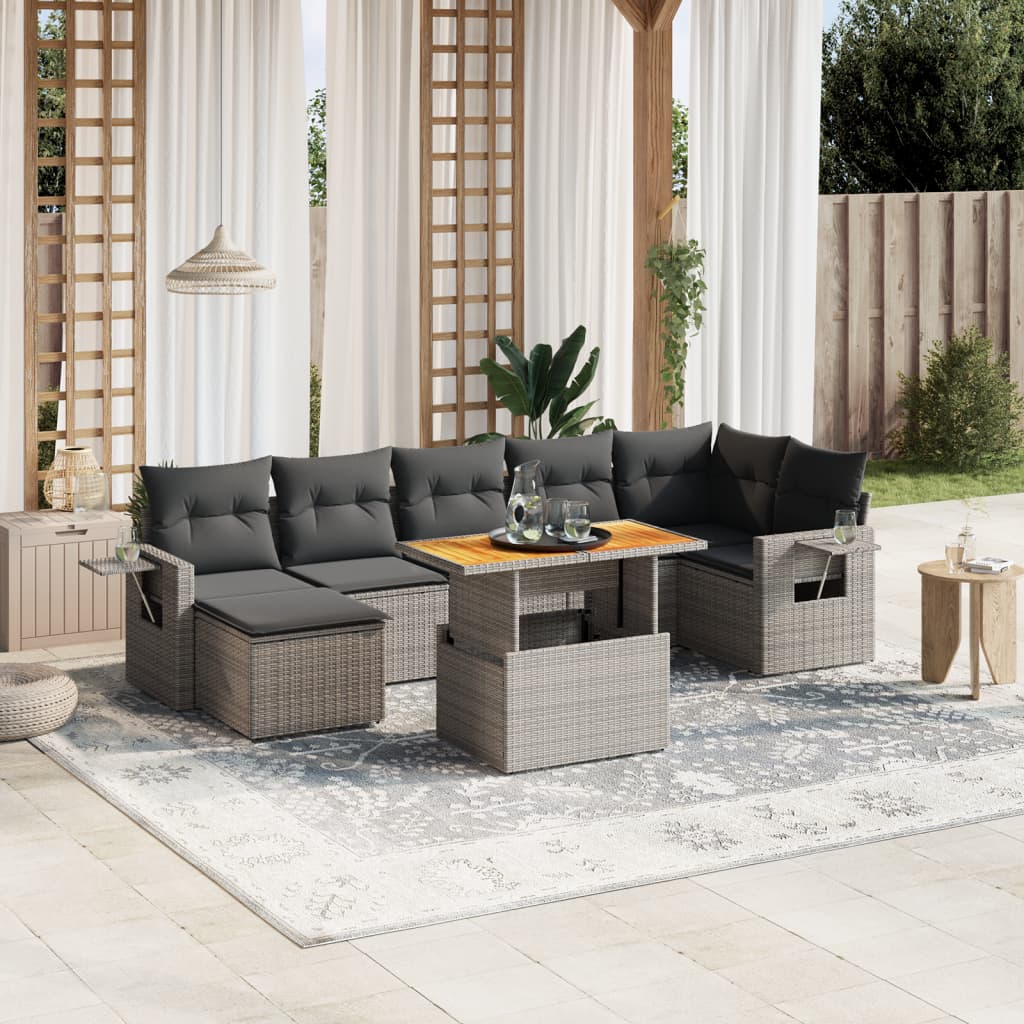 8 Pcs conjunto sofás de jardim c/ almofadões vime PE cinzento