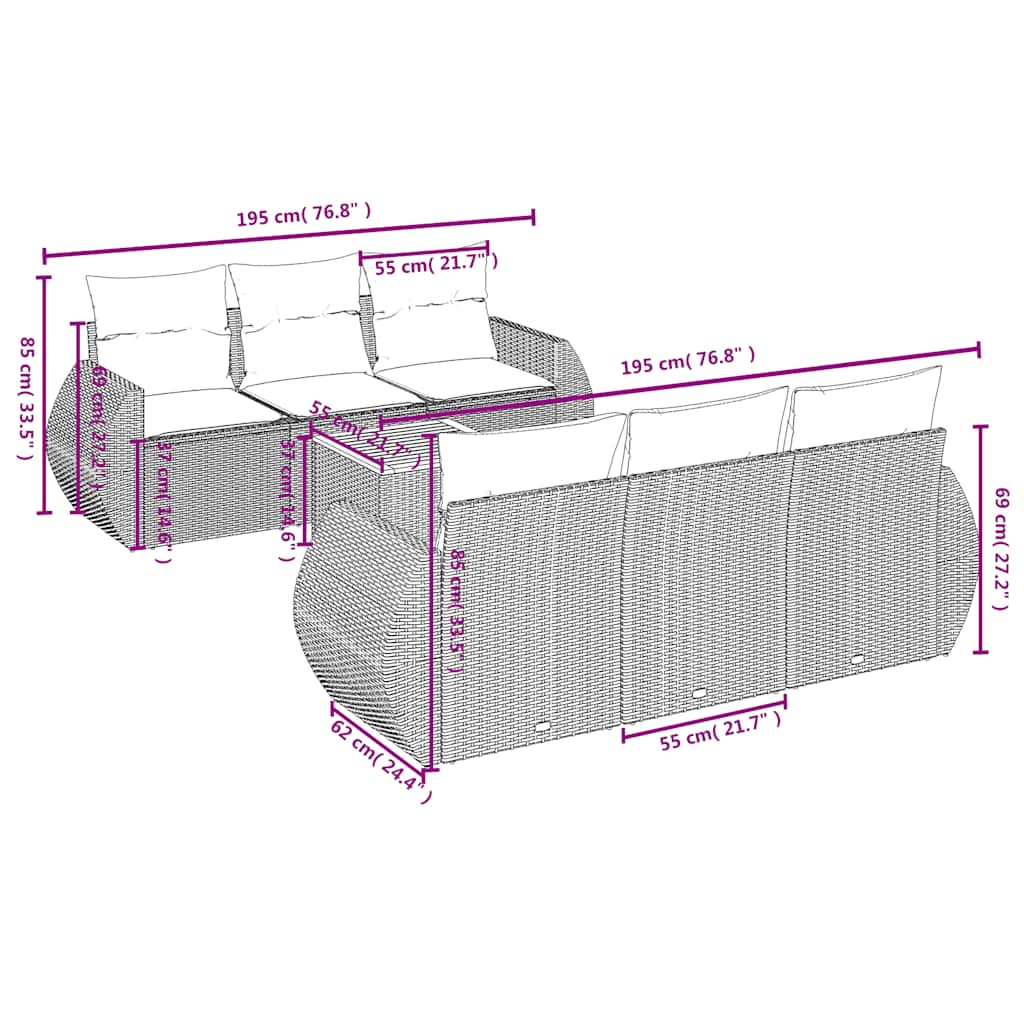 7 Pcs conjunto de sofás p/ jardim c/ almofadões vime PE preto