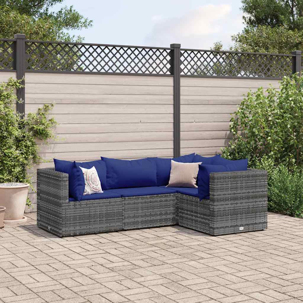 4 Pcs conjunto lounge de jardim c/ almofadões vime PE cinzento