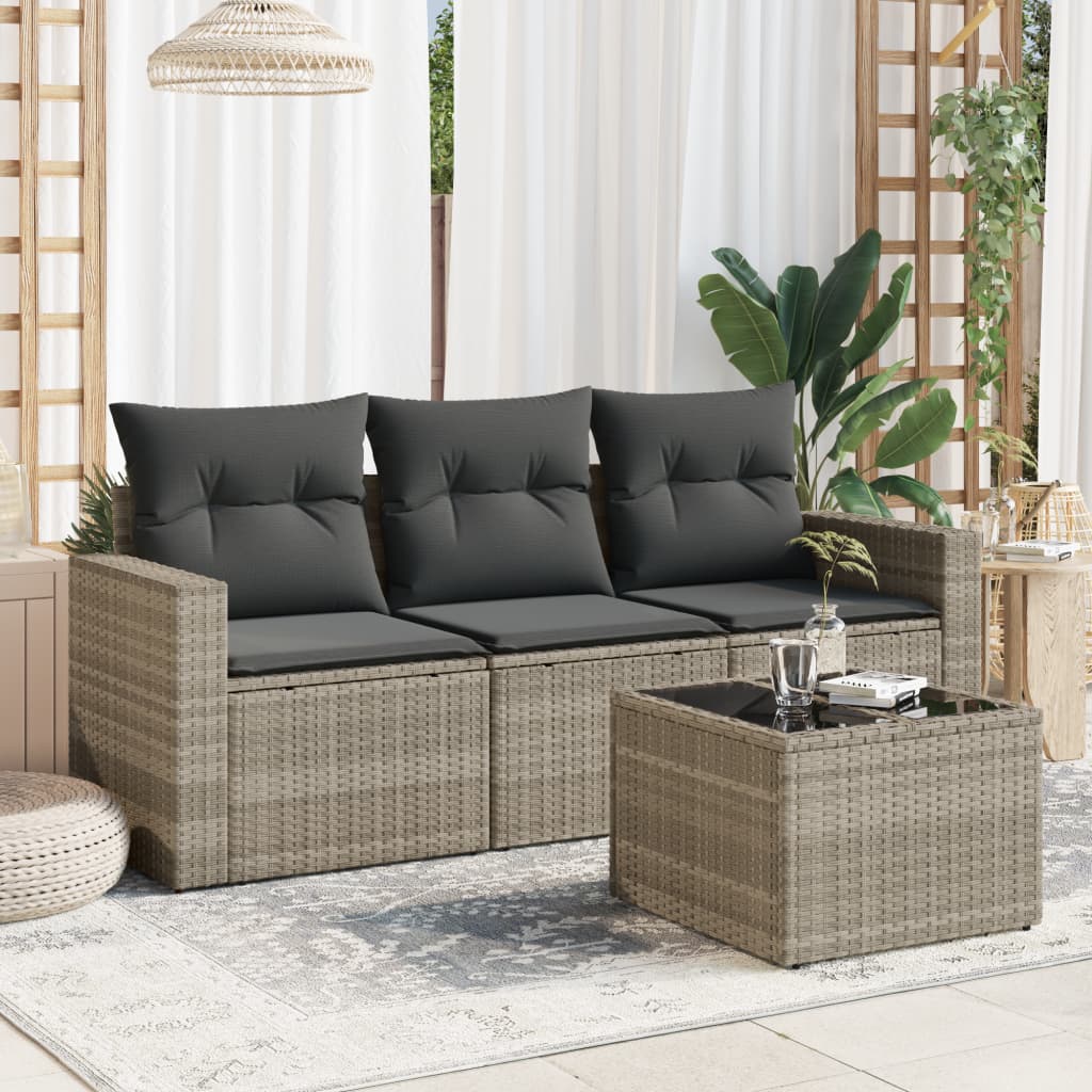 4 Pcs conj. sofás jardim c/ almofadões vime PE cinzento-claro