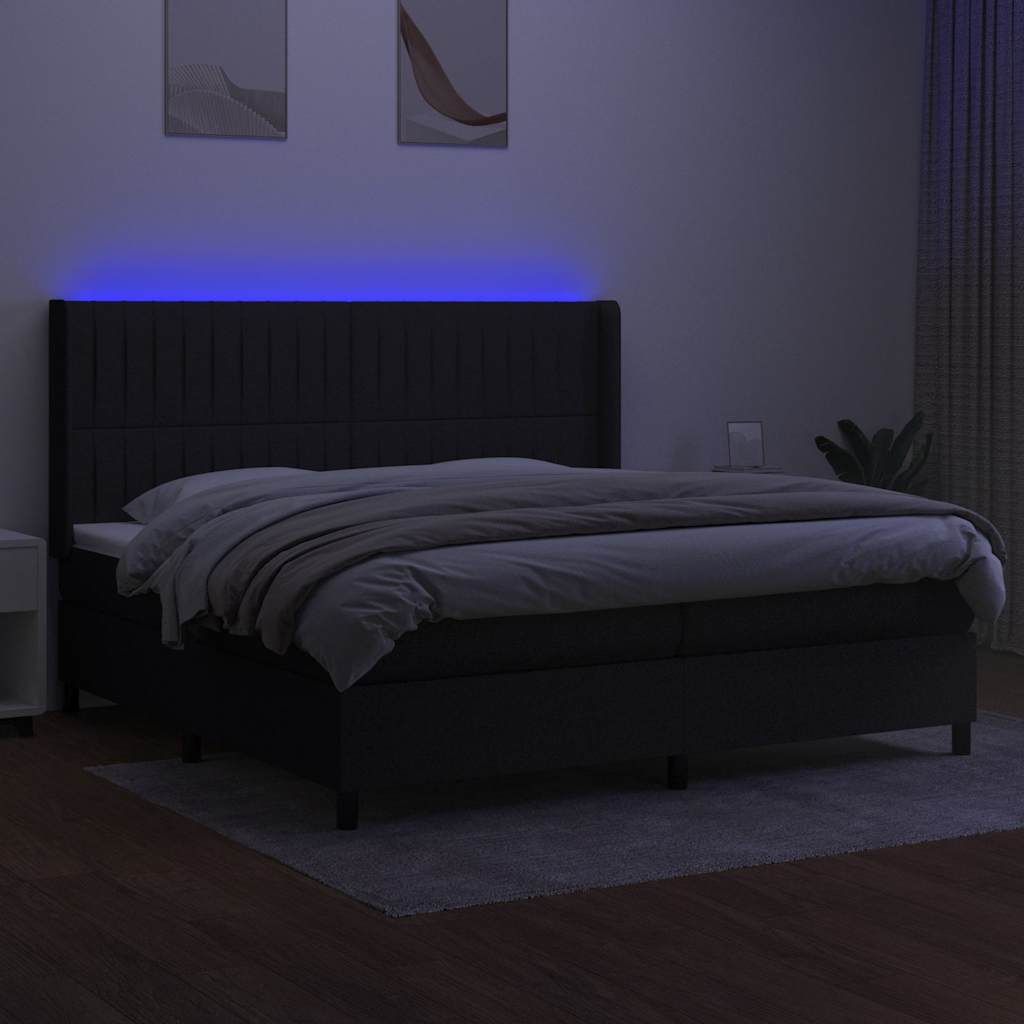 Cama box spring c/ colchão e LED 200x200 cm tecido preto