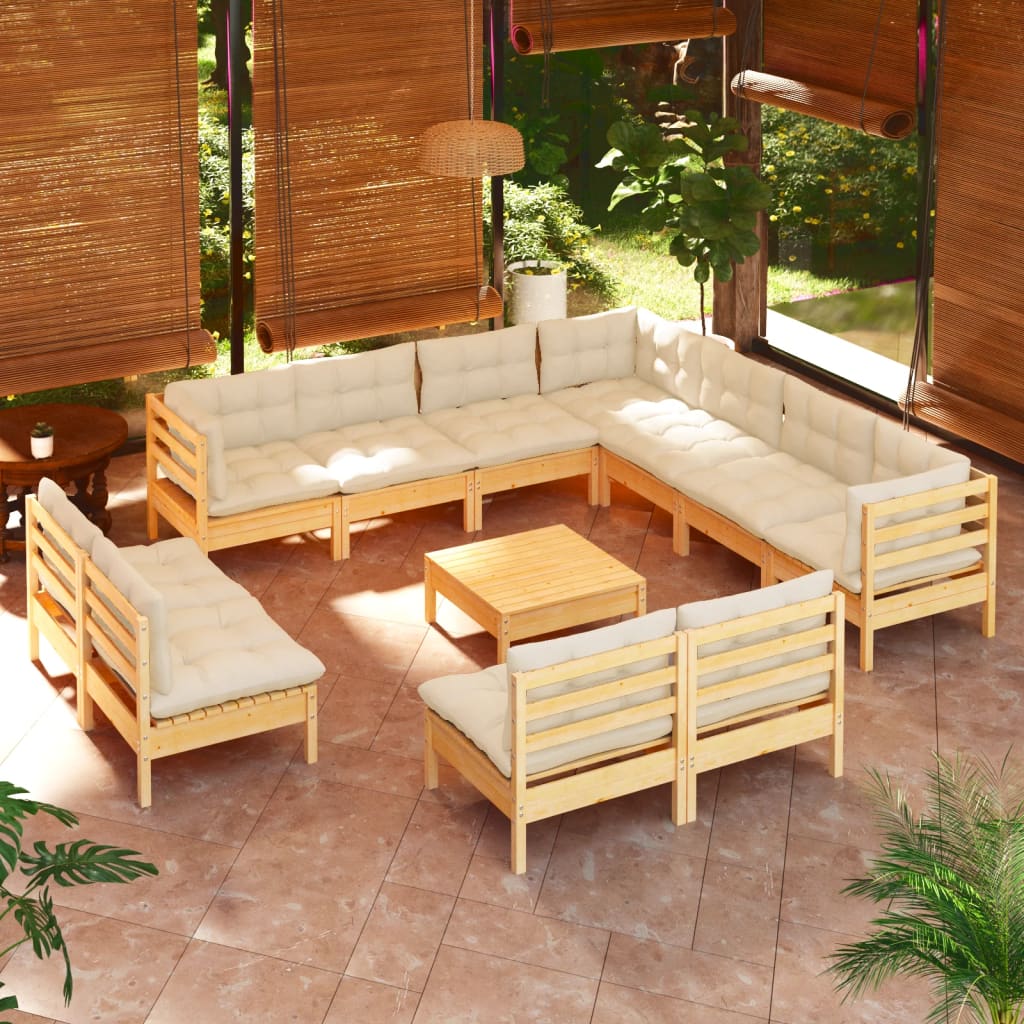 12 Pcs conjunto lounge jardim c/ almofadões creme pinho maciço