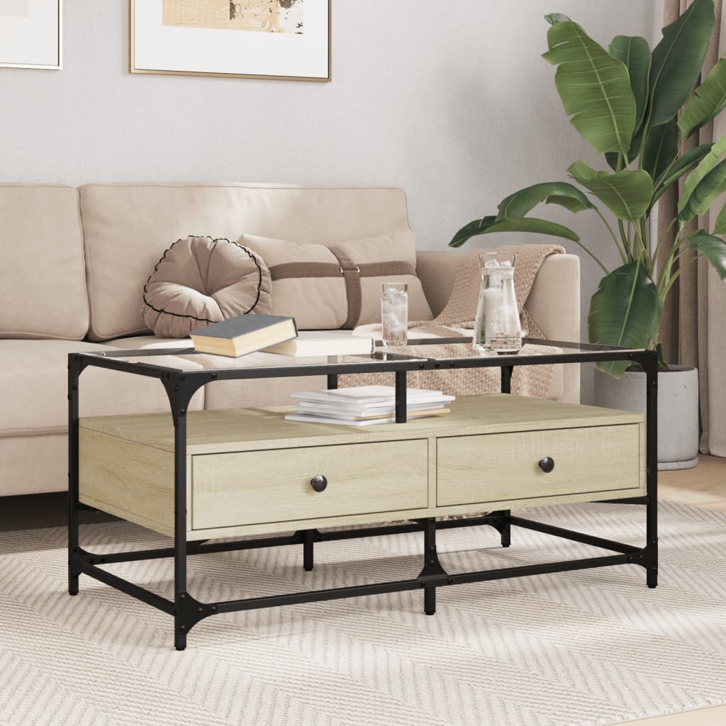 Mesa de centro c/topo de vidro 98,5x50x45cm carvalho sonoma aço