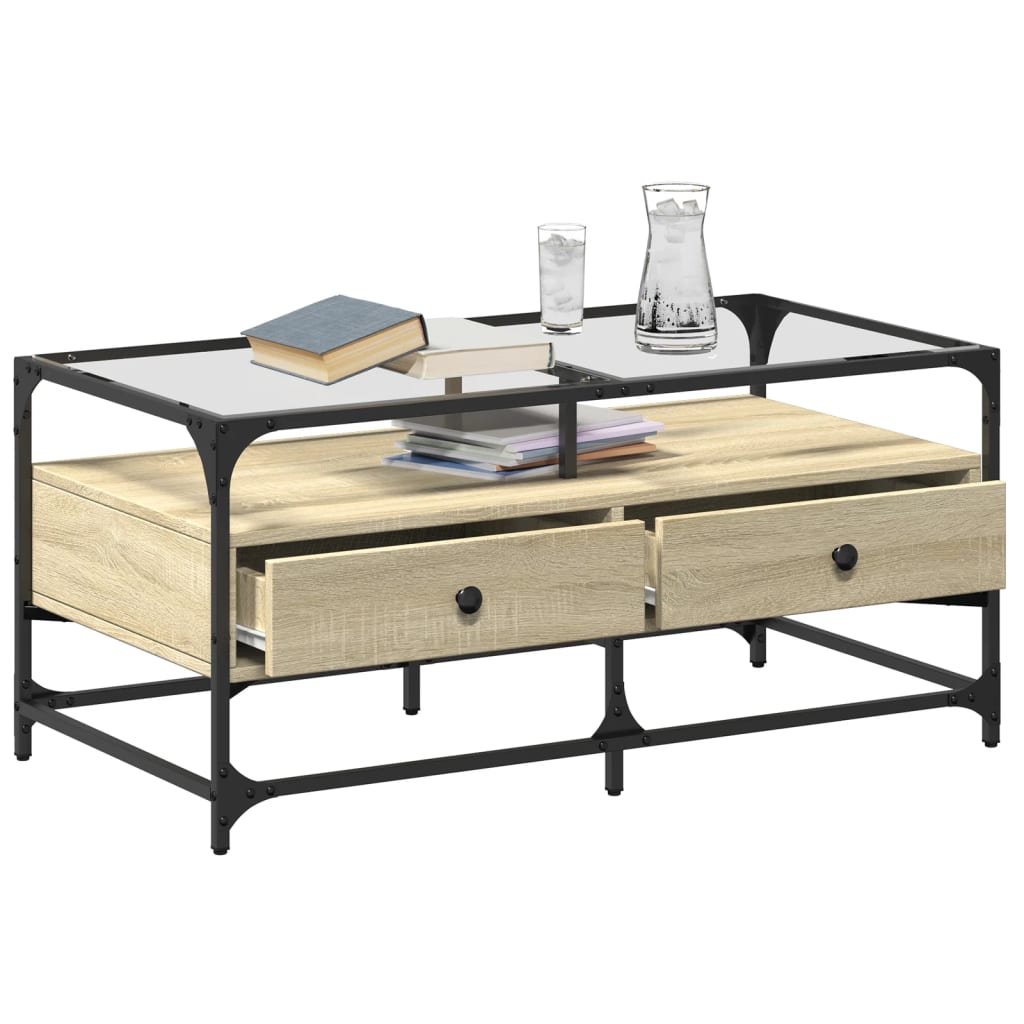 Mesa de centro c/topo de vidro 98,5x50x45cm carvalho sonoma aço