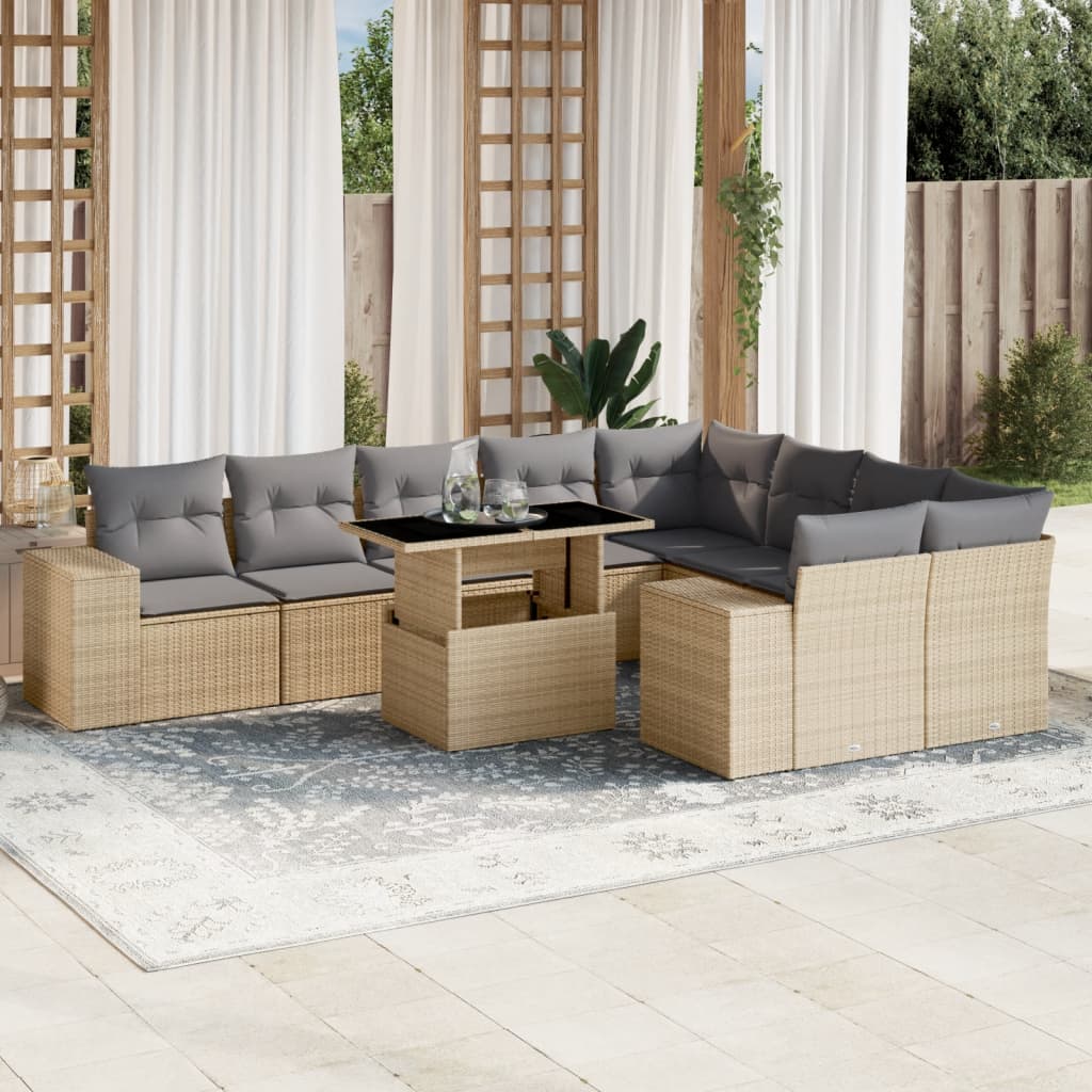 10 Pcs conjunto de sofás p/ jardim com almofadões vime PE bege