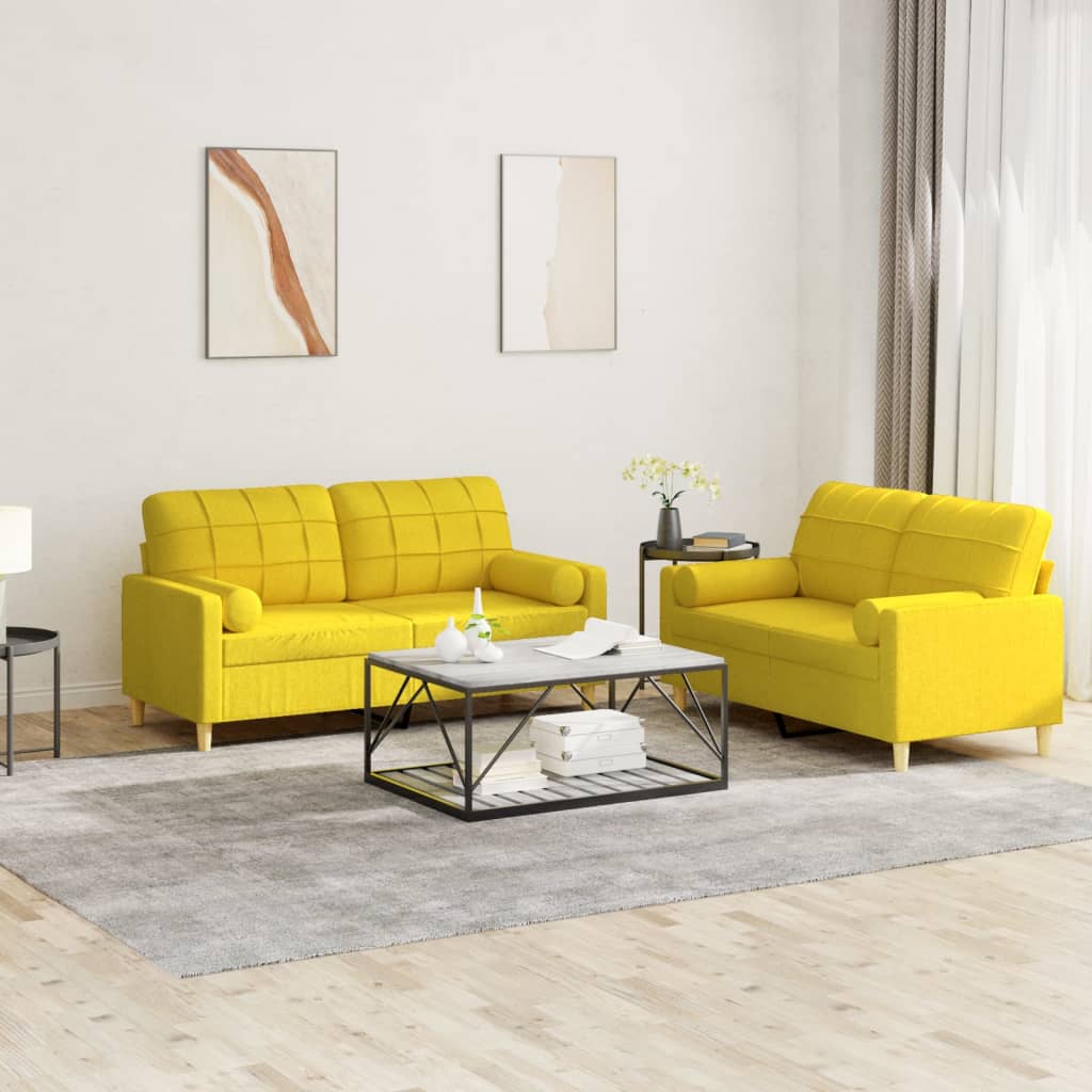 2 Pcs conjunto de sofás com almofadas tecido amarelo-claro