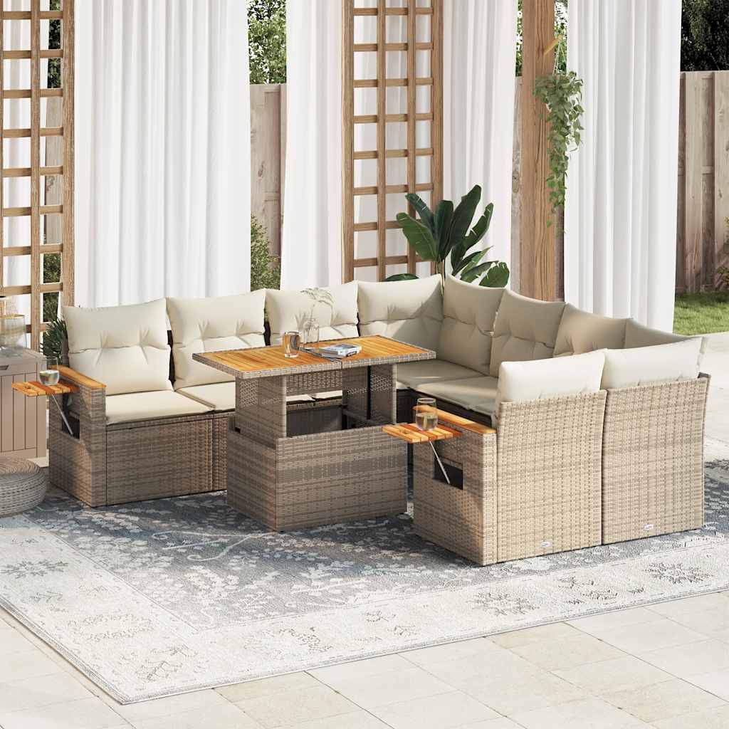 9 Pcs conjunto sofás jardim com almofadões vime PE/acácia bege