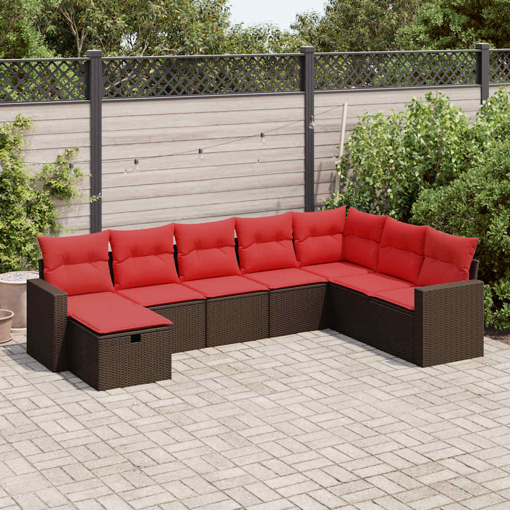 8 Pcs conjunto sofás de jardim c/ almofadões vime PE castanho