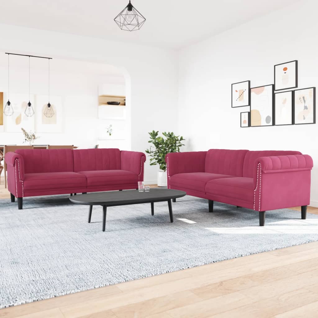 2 Pcs conjunto de sofás veludo vermelho-tinto