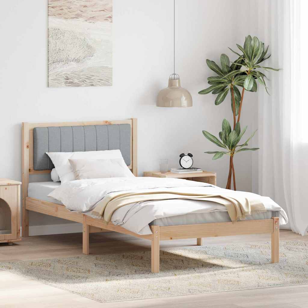 Estrutura de cama com cabeceira estofada cinzento-claro