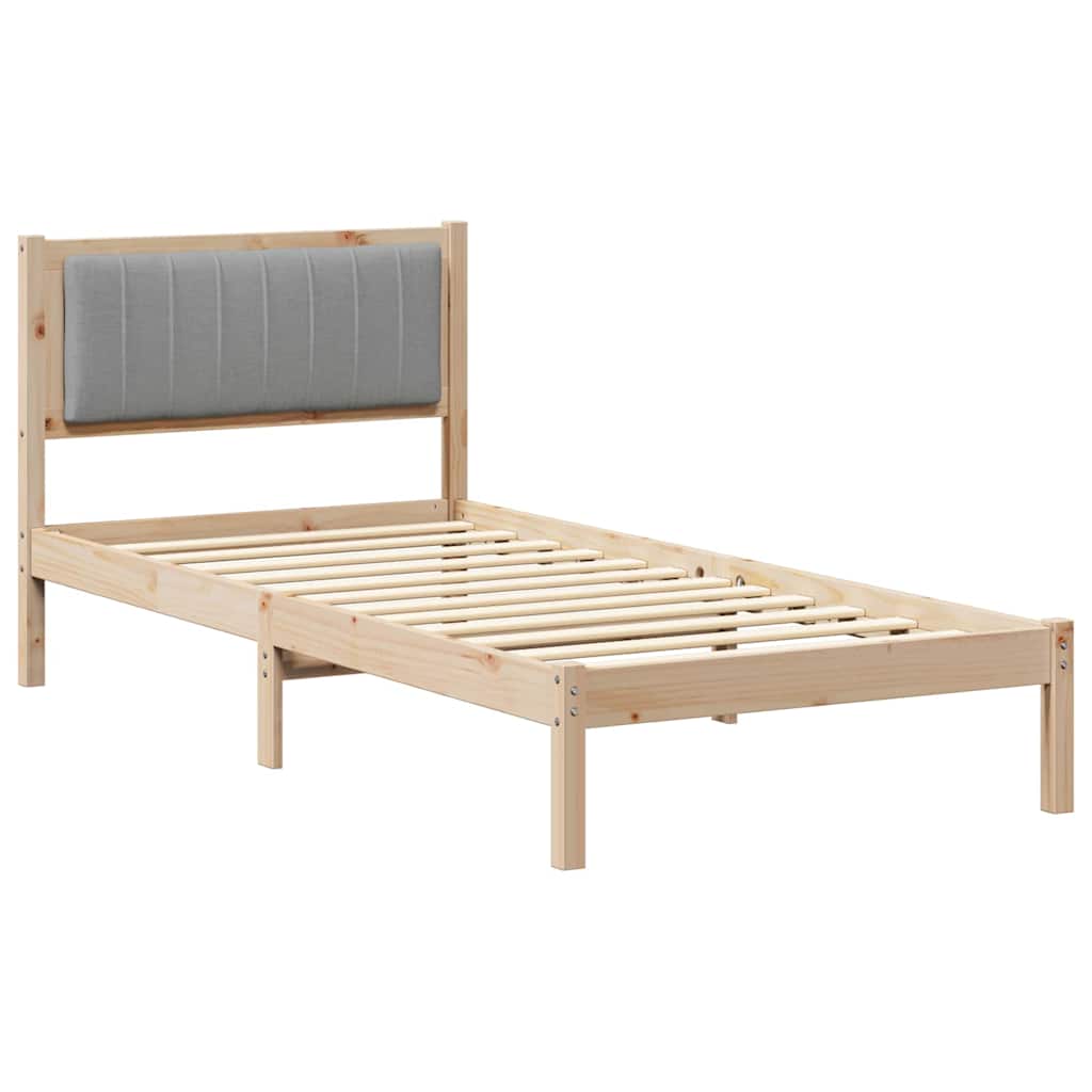 Estrutura de cama com cabeceira estofada cinzento-claro