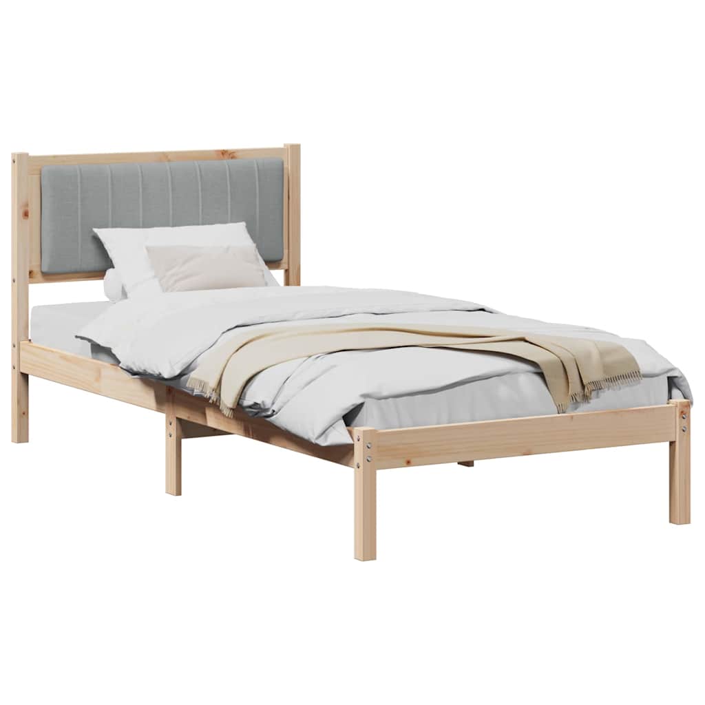 Estrutura de cama com cabeceira estofada cinzento-claro