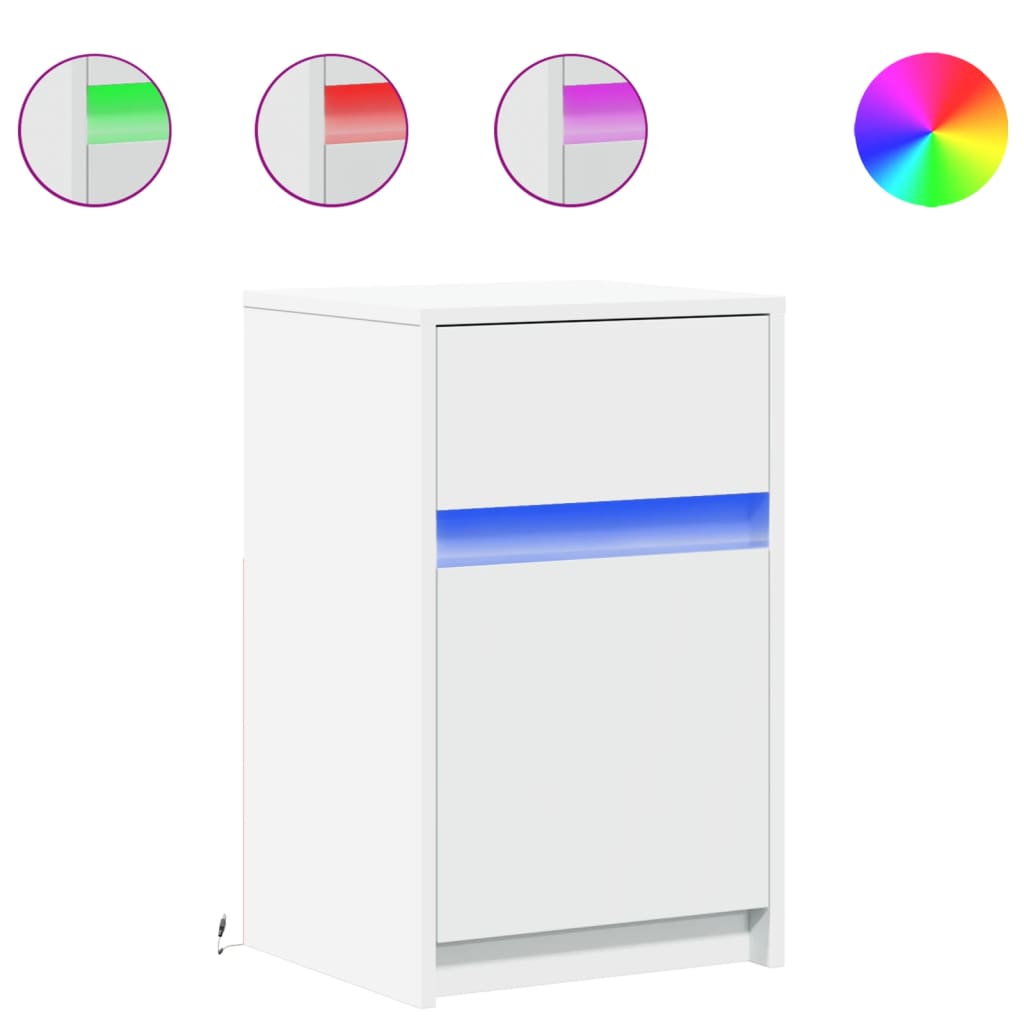 Mesa de cabeceira com luzes LED derivados de madeira branco