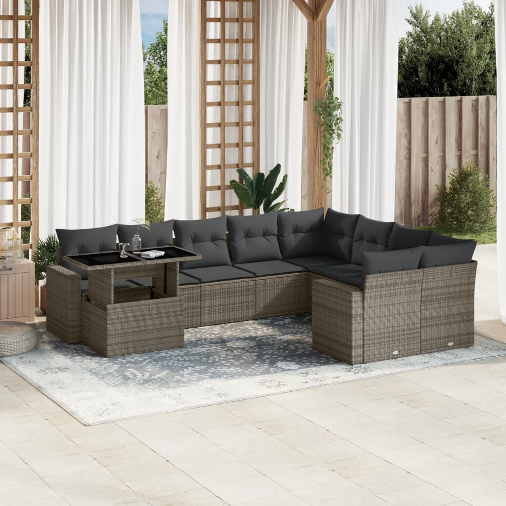 10 Pcs conjunto sofás de jardim c/ almofadões vime PE cinzento
