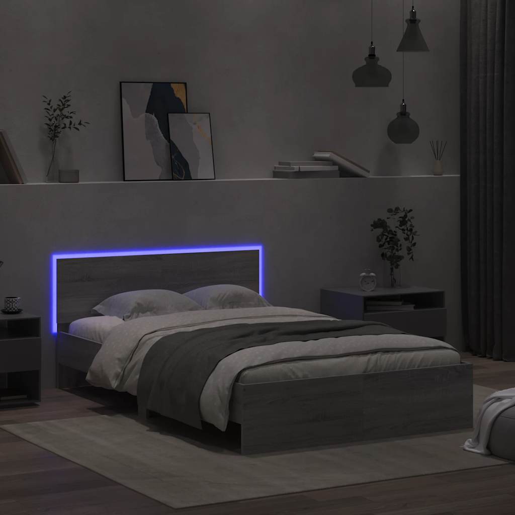 Estrutura cama c/ cabeceira/luzes LED 135x190cm cinzento sonoma