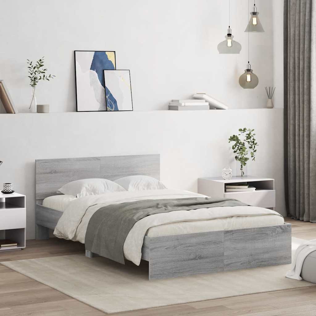 Estrutura cama c/ cabeceira/luzes LED 135x190cm cinzento sonoma