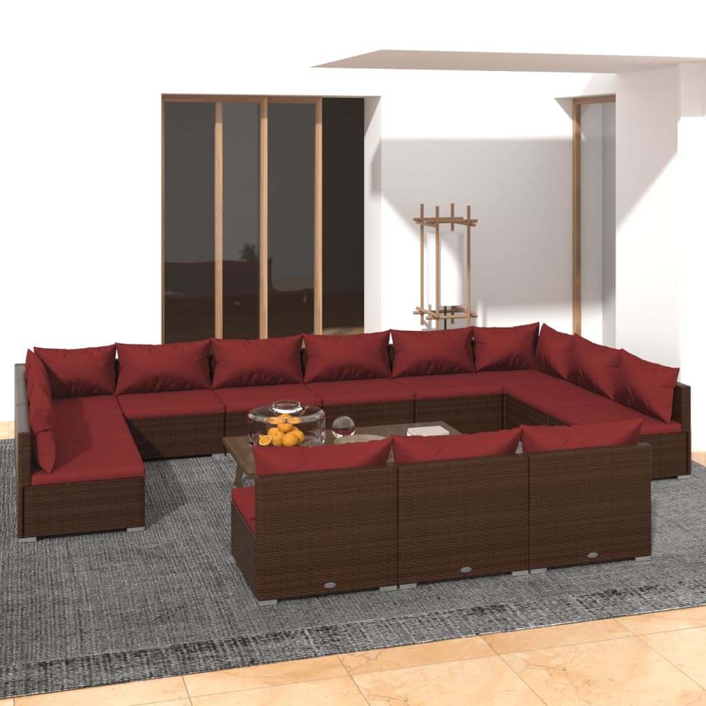 13 Pcs conjunto lounge jardim c/ almofadões vime PE castanho