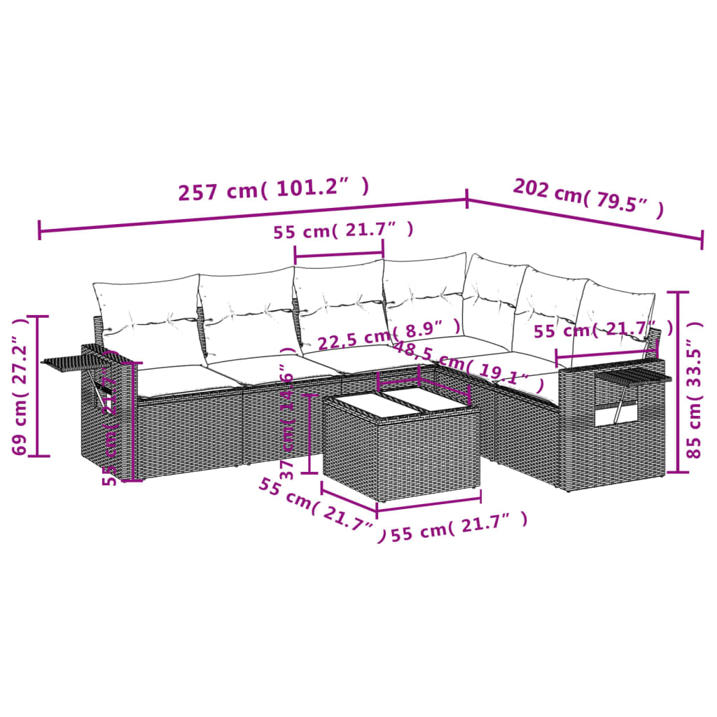 7 Pcs conj. sofás jardim com almofadões vime PE cinzento-claro