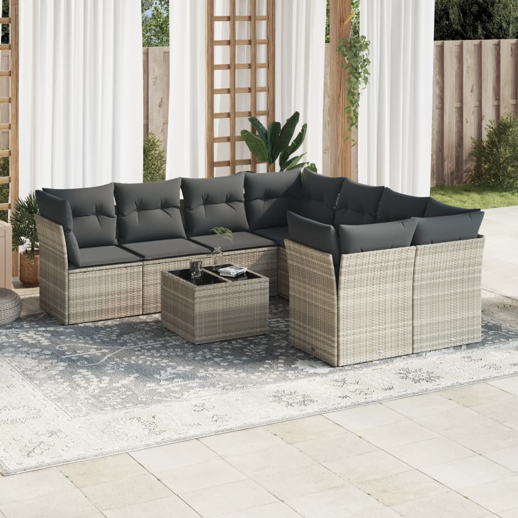 9 Pcs conj. sofás jardim com almofadões vime PE cinzento-claro