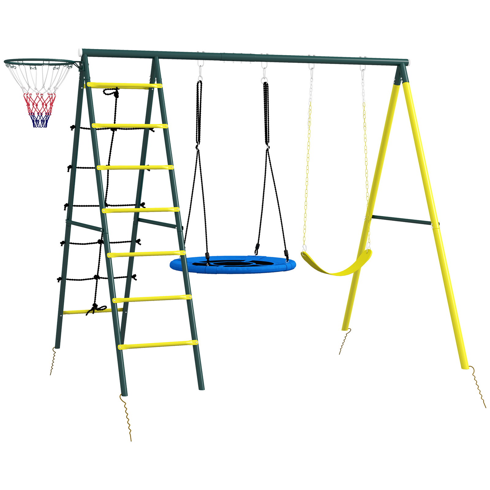 Baloiço infantil 4 em 1 com baloiço ninho e individual rede de escalada cesto de basquetebol escada amarelo