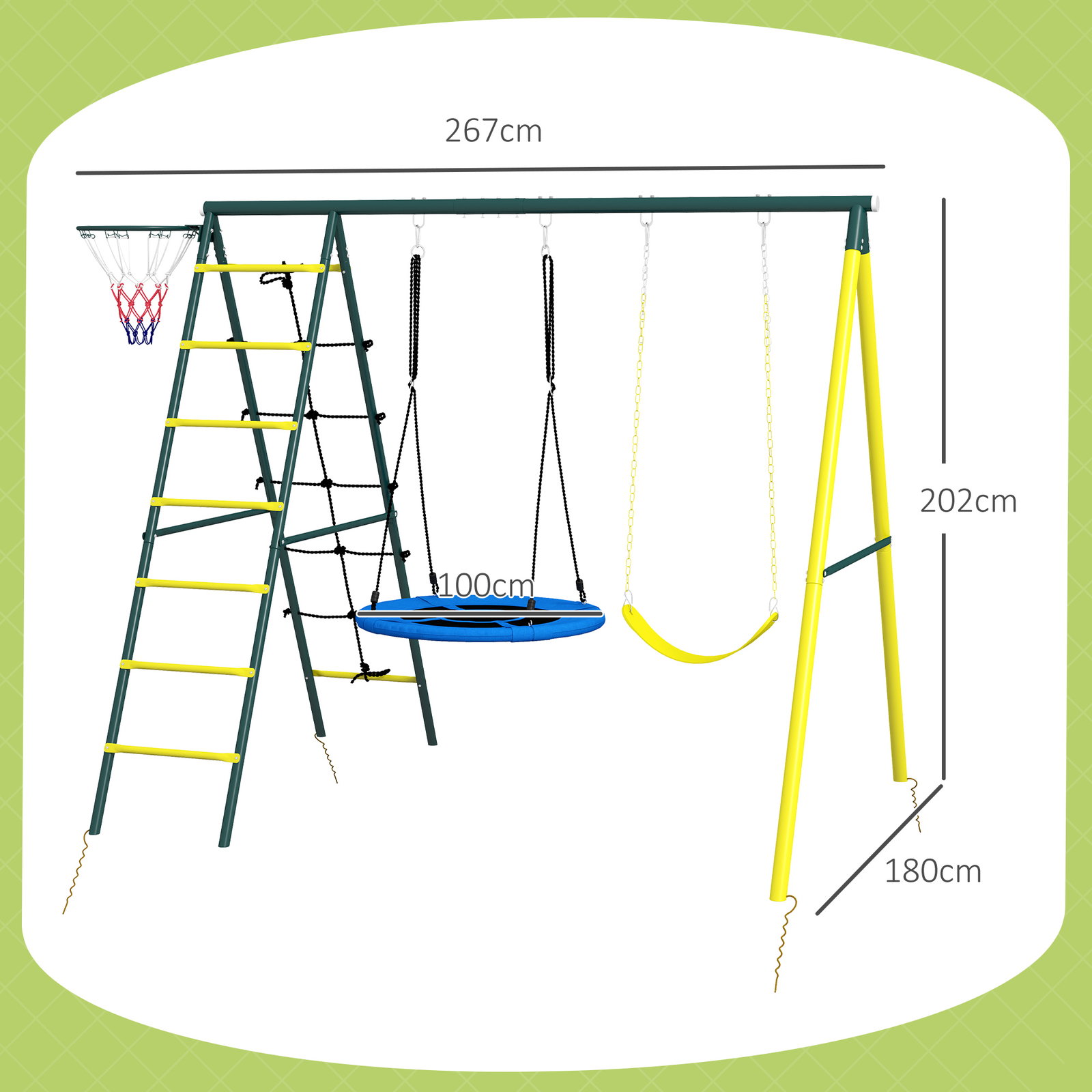 Baloiço infantil 4 em 1 com baloiço ninho e individual rede de escalada cesto de basquetebol escada amarelo