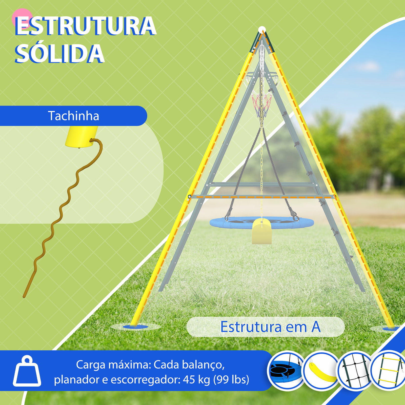 Baloiço infantil 4 em 1 com baloiço ninho e individual rede de escalada cesto de basquetebol escada amarelo