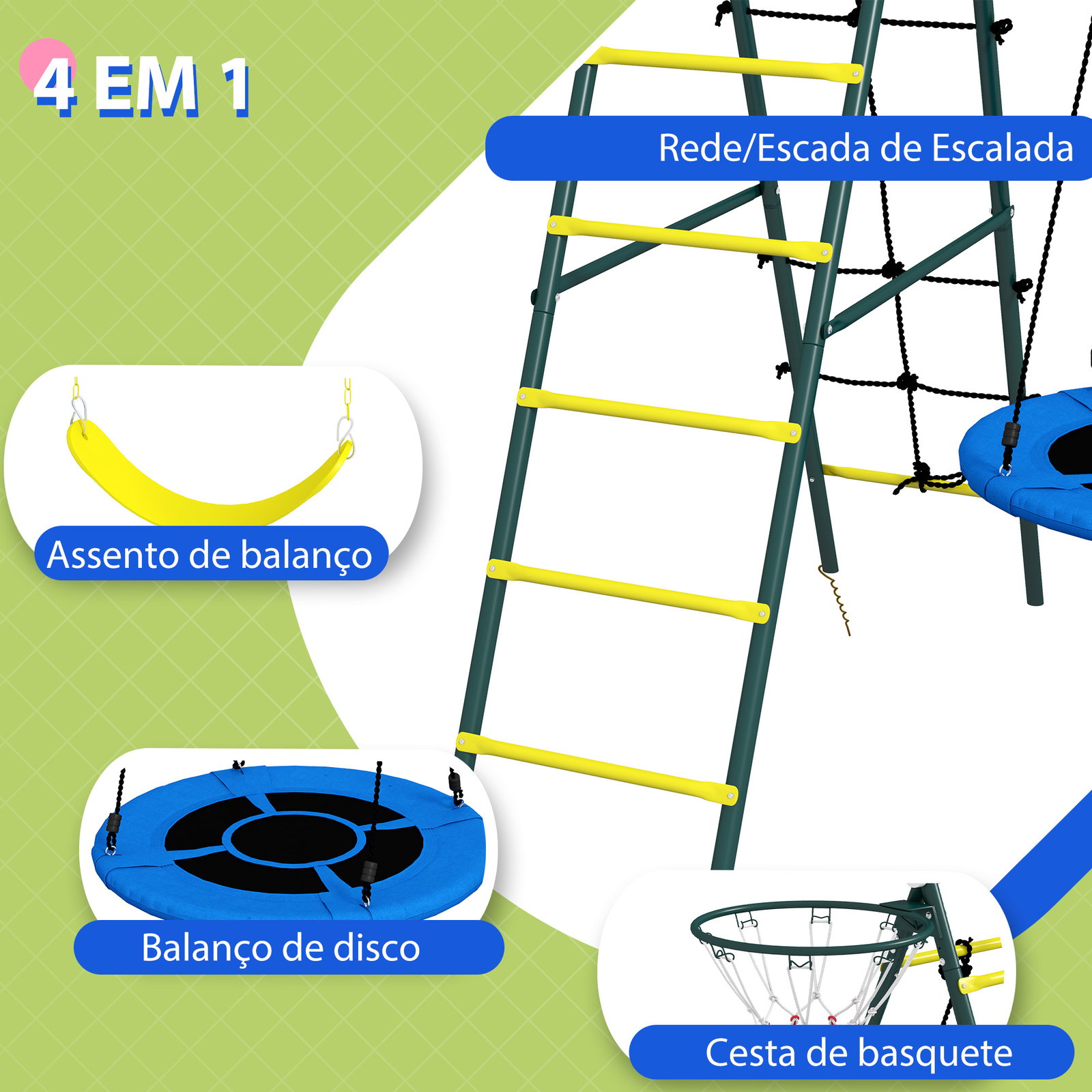 Baloiço infantil 4 em 1 com baloiço ninho e individual rede de escalada cesto de basquetebol escada amarelo