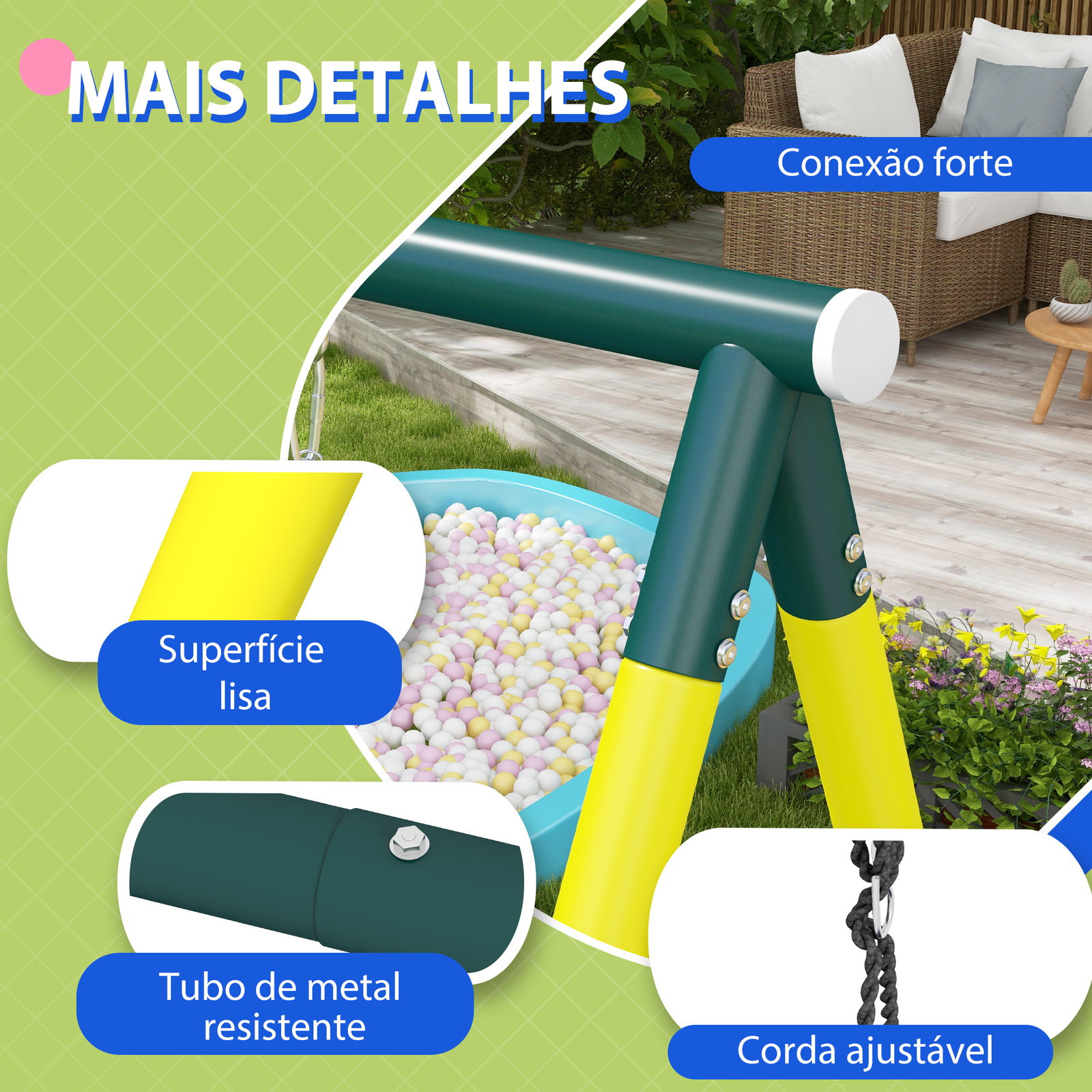 Baloiço infantil 4 em 1 com baloiço ninho e individual rede de escalada cesto de basquetebol escada amarelo