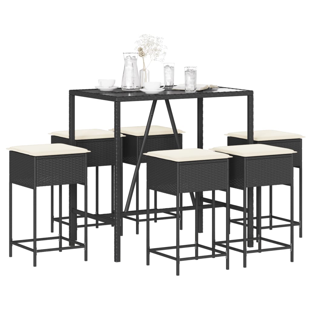 7 Pcs conjunto de bar para jardim c/ almofadões vime PE preto