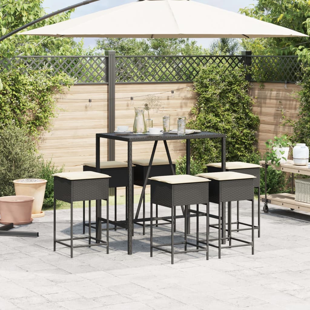 7 Pcs conjunto de bar para jardim c/ almofadões vime PE preto