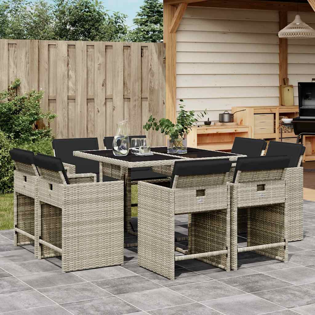9 Pcs conjunto de jantar p/ jardim c/ almofadões cinzento claro